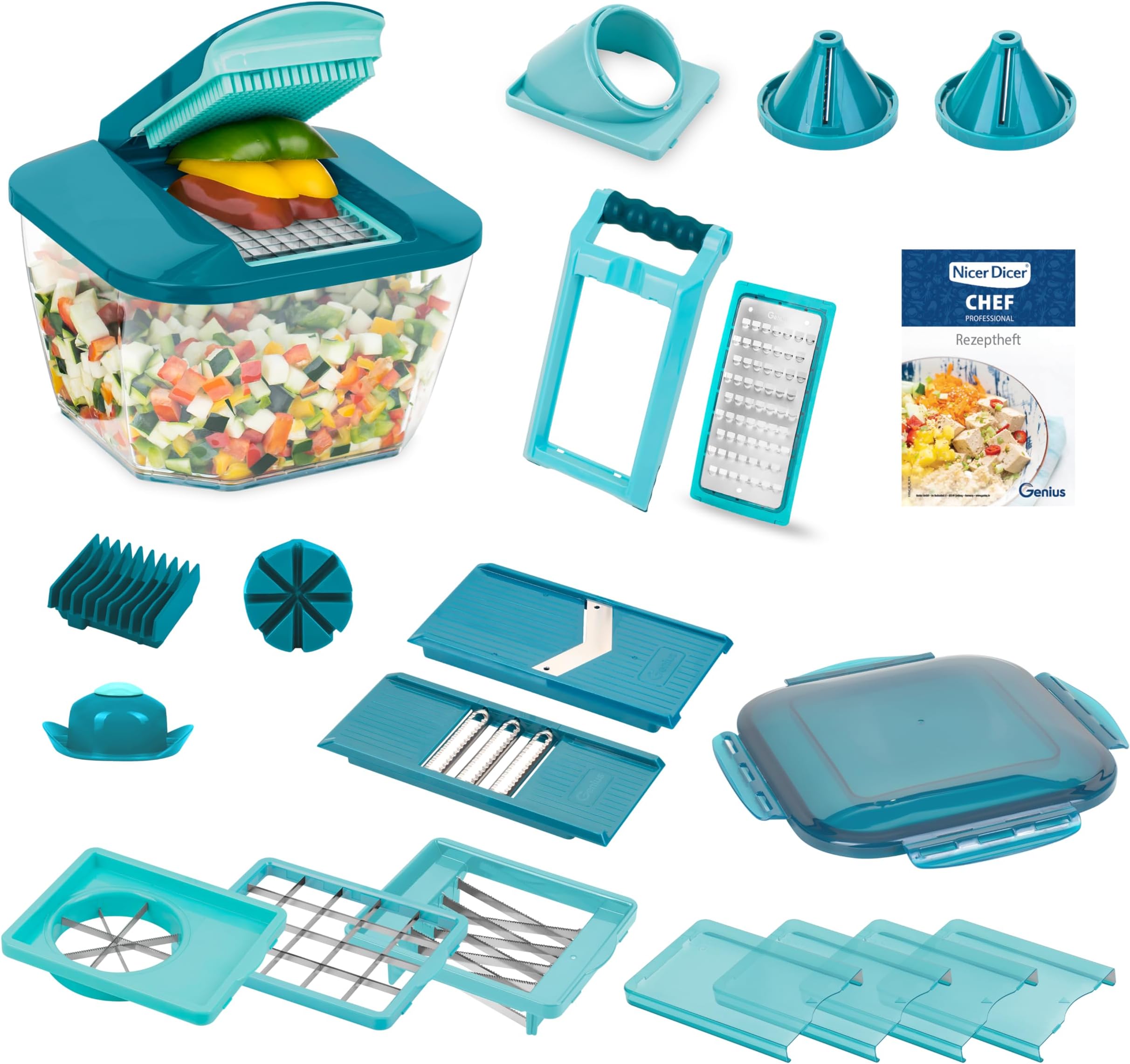 Nicer Dicer Chef Professional Vegetable Slicer 23-Piece Manual Vegetable Slicer with 5.2 L Large Collection Container Fresh Lid Spiral Inserts Tomato Cutter Julienne Salad Cutter with Recipe Book