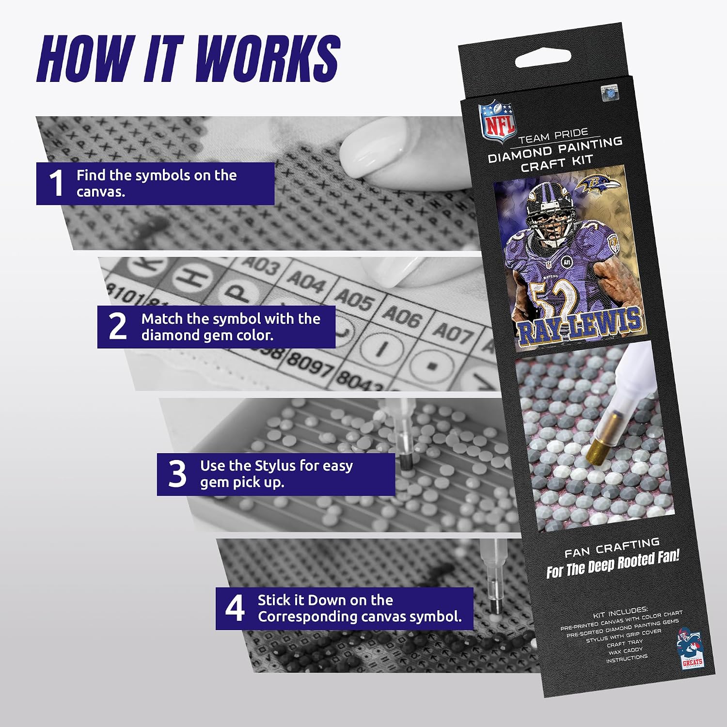Sporticulture NFL Retired Players Baltimore Ravens - Ray Lewis Diamond Painting Craft Kit – Officially Licensed DIY Fan Art Includes Pre-Sorted Gems, Craft Tray with Instructions