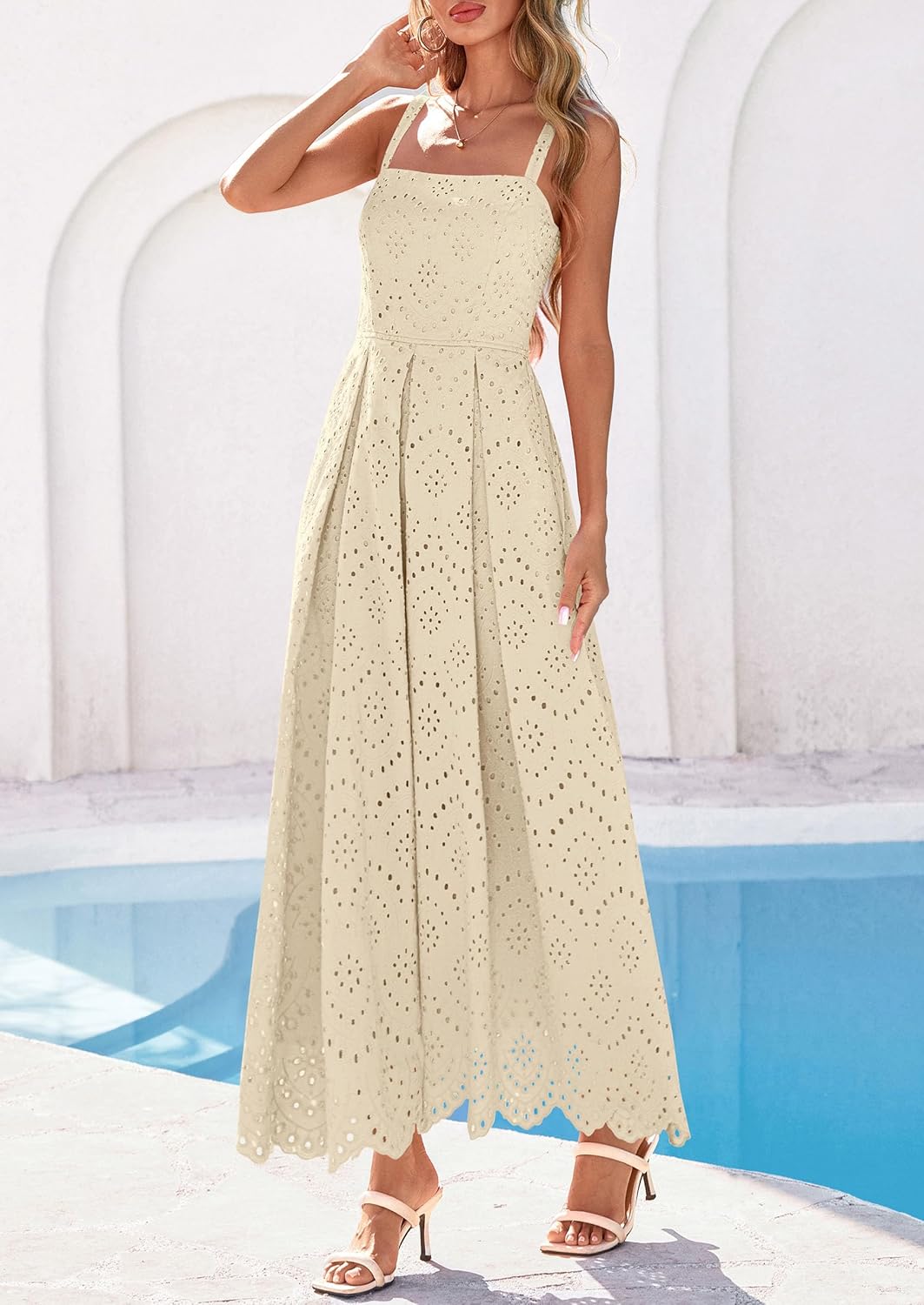 PRETTYGARDEN Womens Sleeveless Maxi Summer Dresses 2026 Hollow Out Eyelet Square Neck Ruffle Flowy Beach Vacation Sundress - Image 7