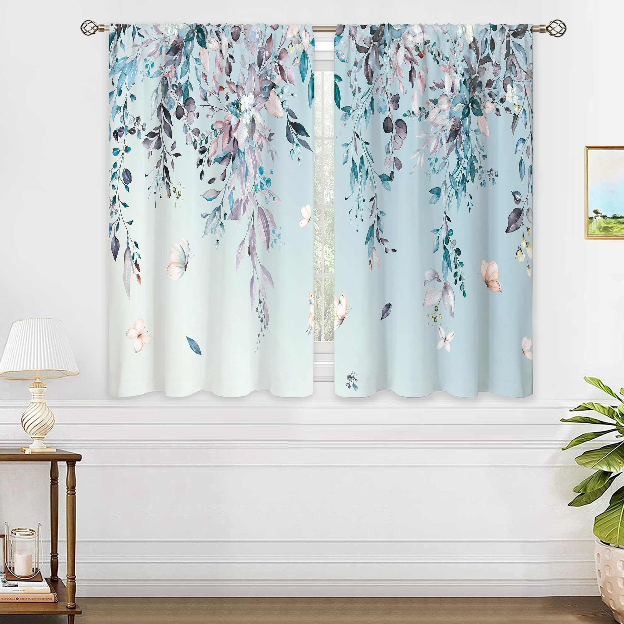 oolygoo Eucalyptus Botanical Leaves Floral Kitchen Window Curtains Butterfly Farmhouse Flower Leaf Small Window Treatment Blue Grey Cafe Short Curtains for Bathroom Treatment Tier Drapes 27.9x39 inch - Image 4