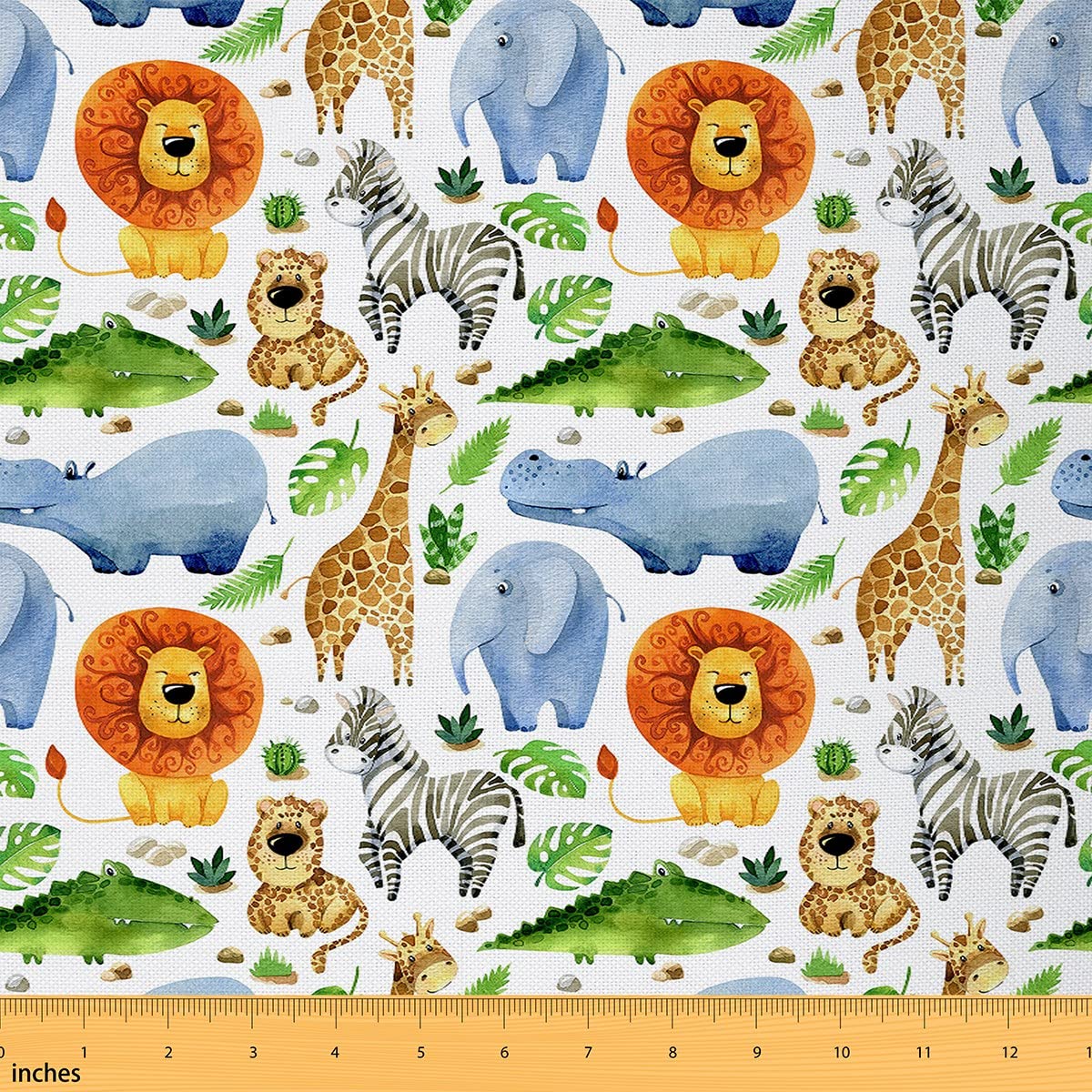 Richhome Boys Multi 17 Cartoon Animals Fabric By The Yard Watercolor Cute Lion Giraffe African Wildlife Fabric For Kids Girls Outdoor Palm Leaves Jungle Style Fabric For Room Decor And Diy Upholstery 1 Yard