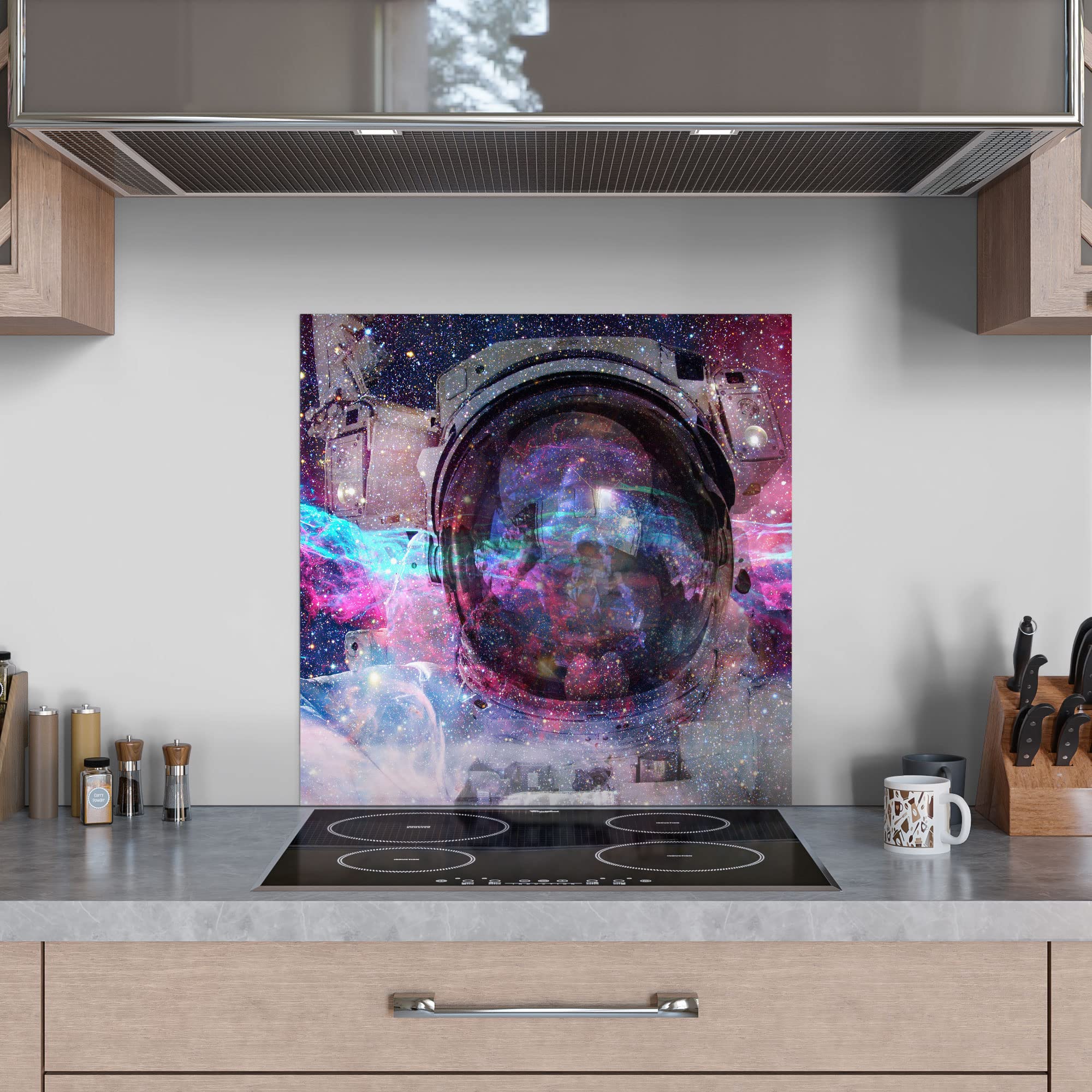 DEQORI Tylna ścianka kuchenna, szkło, motyw NASA astronauty w mgle, 60 x 60 cm, tylna ścianka do łazienki lub kuchenki, osłona przed pryskaniem, do kuchni i łazienki, nowoczesna dekoracja na kafelki