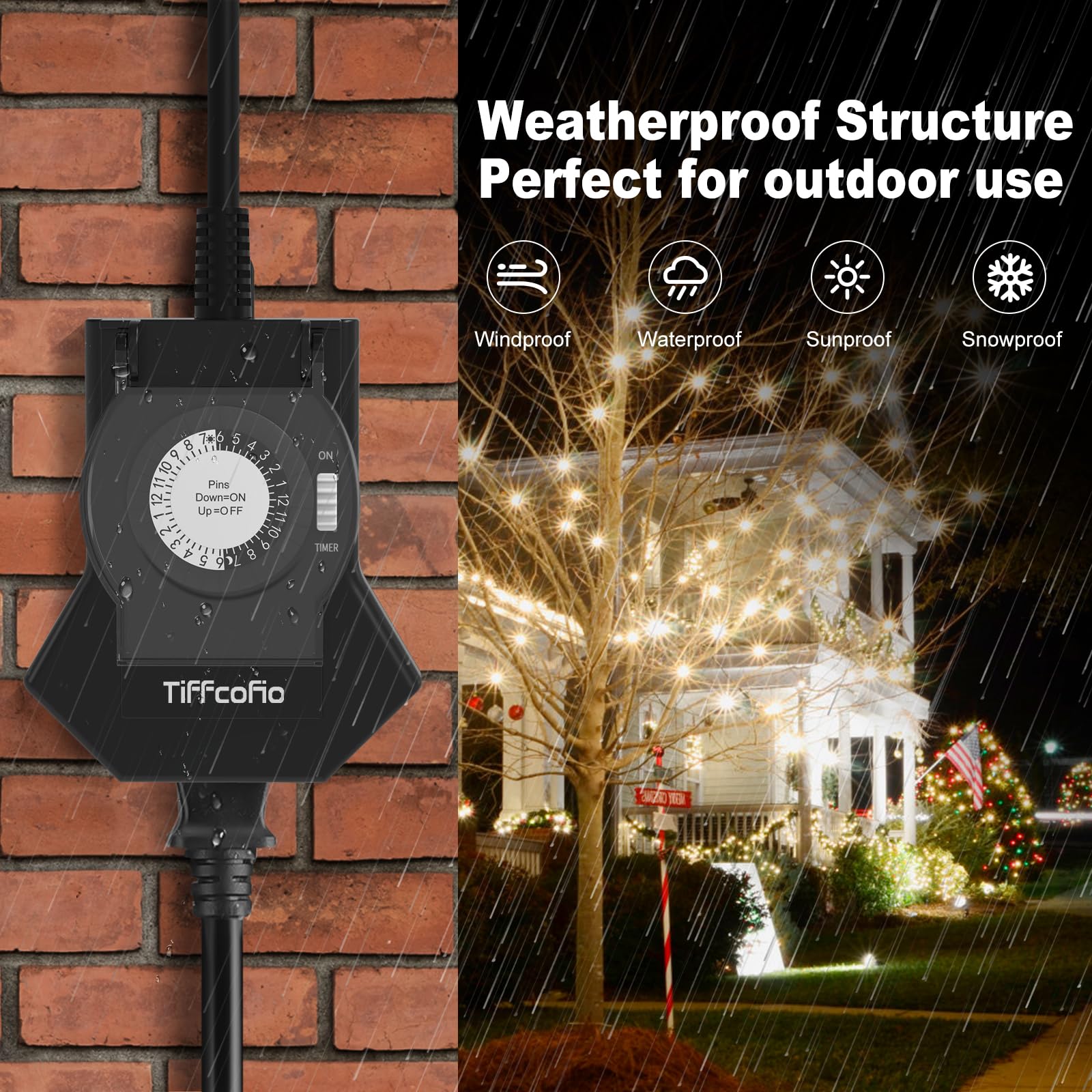 TiFFCOFiO Temporizadores de luz para exteriores impermeables, temporizador mecánico de 24 horas para exteriores, 3 tomas de tierra para el hogar y el jardín, 15 A 1/2 HP, resistente, con certificación