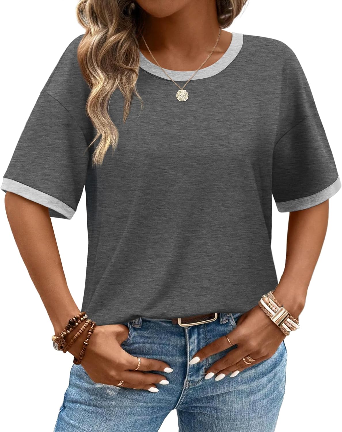 WIHOLL Womens T Shirts Loose Fit Short Half Sleeve Crew Neck Oversized Tshirts Color Block Summer Tops Fashion 2026 - Image 2