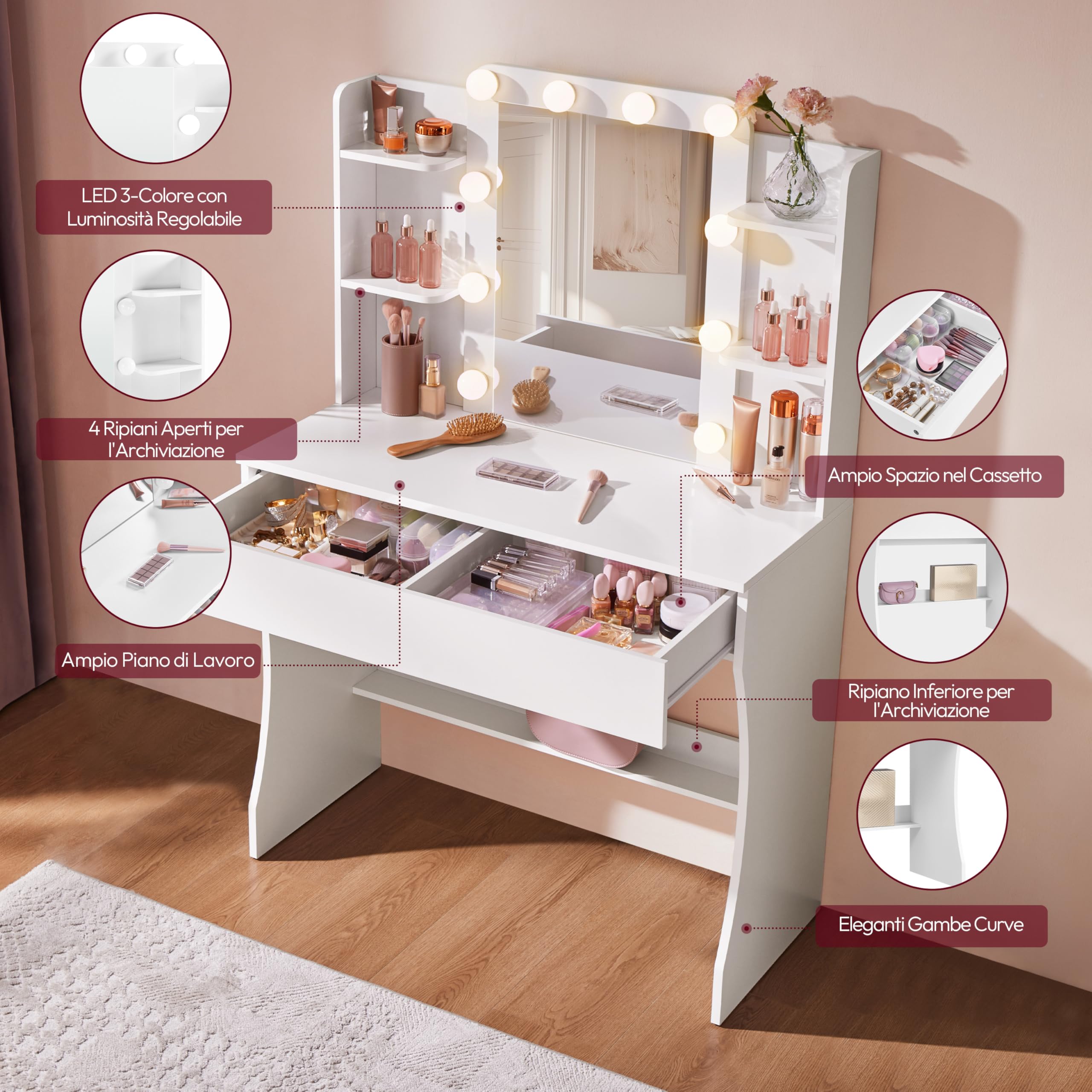 Yaheetech Toeletta Trucco con 10 Luci LED 3 Colori Regolabili e 9 Modalità di Illuminazione Tavolo da Trucco con Specchio in Vetro Temperato 1 Cassetto Grande e 5 Mensole (Bianco)