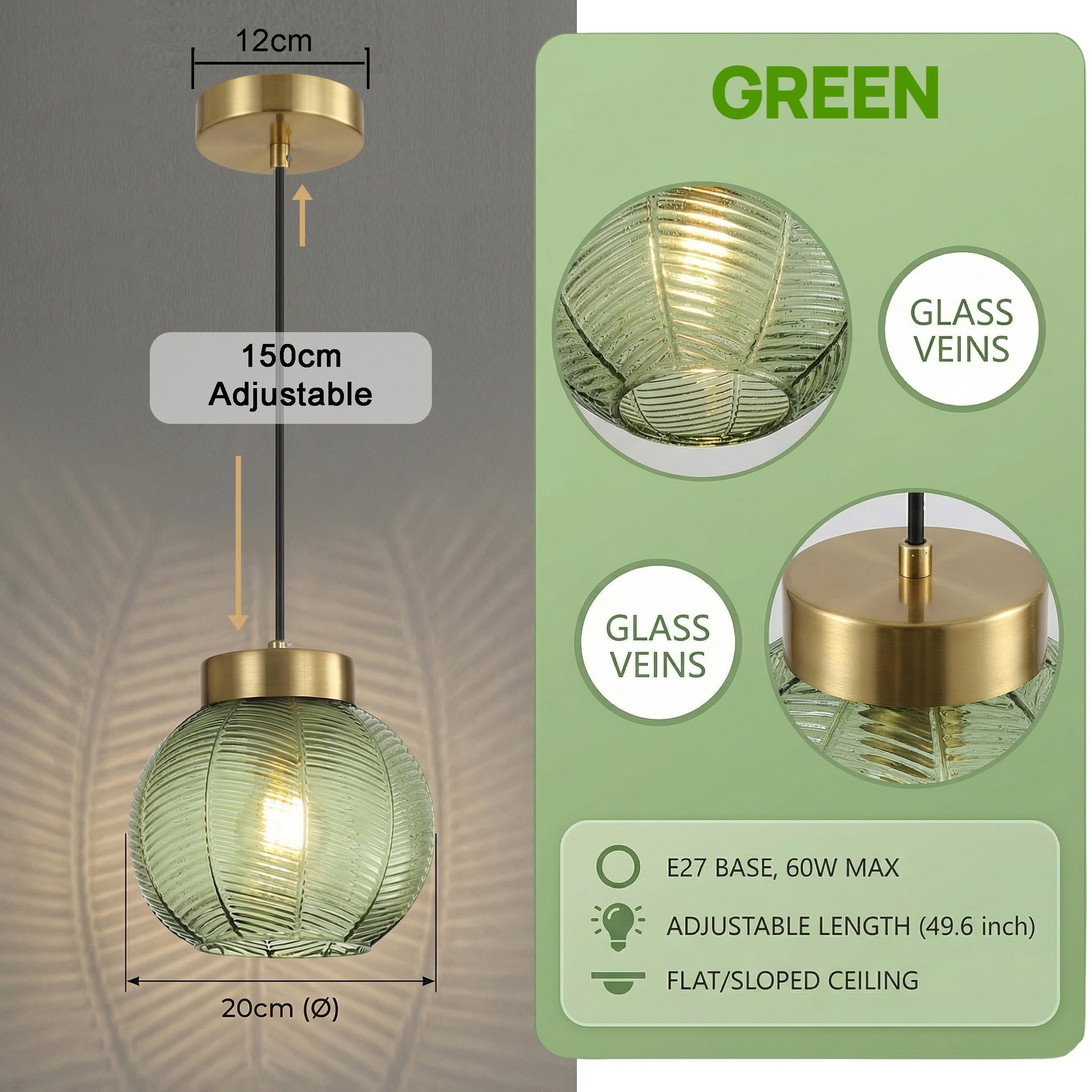 Lampada a Sospensione Vintage,Sfere in Vetro con Venature Fogliari, Metallo Oro E27 Lampadario Sospeso da Soffitto per Camera da letto, Sala da pranzo, Loft e Ristoranti (Verde, 20cm)