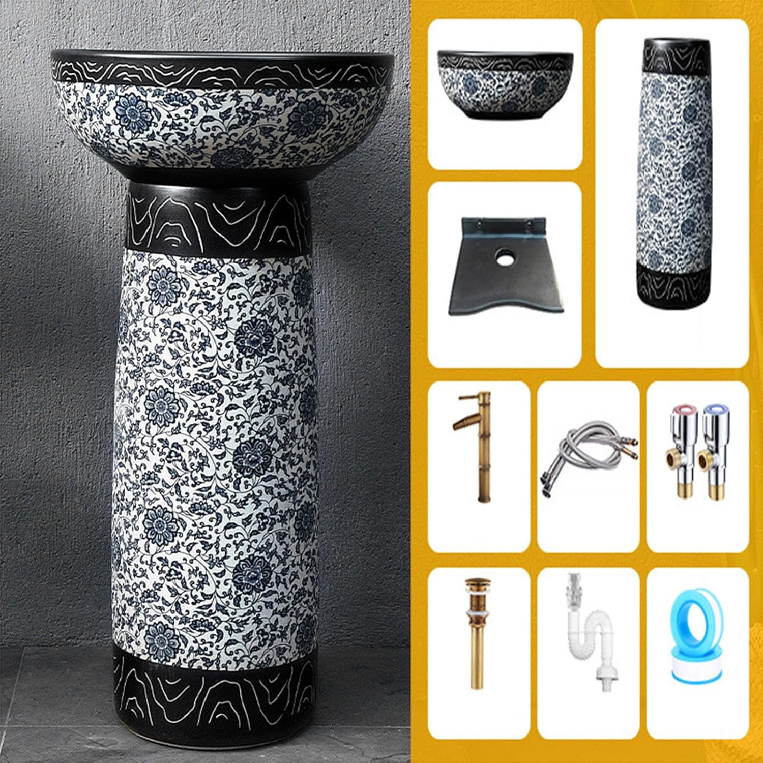 Pedestal Sink Outdoor Balcony Patio Pedestal Sink, Hotel Art Pedestal Sink Modern Ceramic Bathroom, Vintage Hand Carved Ceramic Pedestal Sink,2 Piece Set