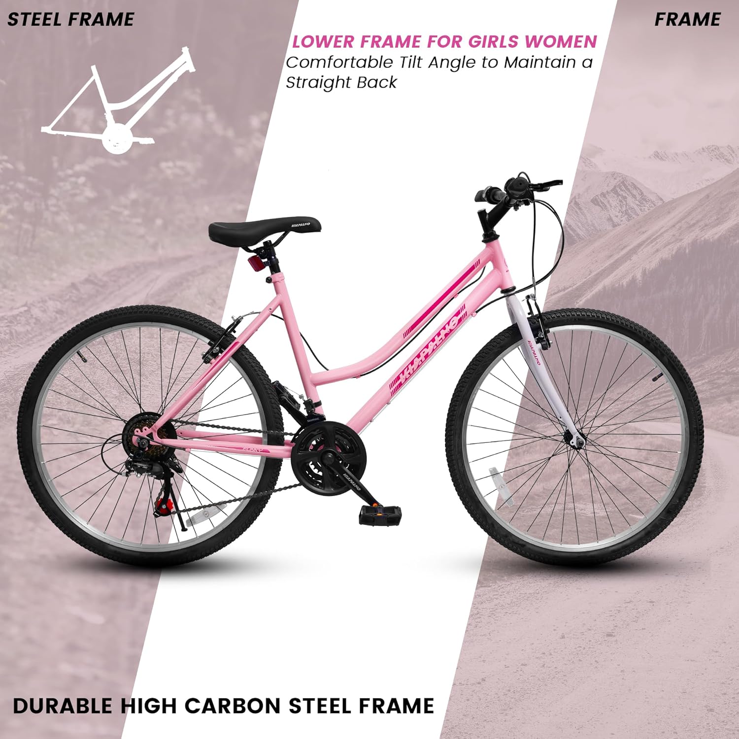 24/26 Inch Mountain Bike for Girls Women, 21 Speed Mountain Bicycle with Dual V-Brake, Carbon Steel Frame, Commuting City Bike to School Work Summer Travel