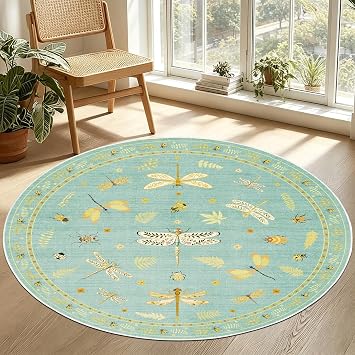 6 Ft Machine Washable Boho Bug Round Area Rug, Non-Slip, Green | 0.2-inch low pile, machine washable, non-slip backing, green bug and floral design for living rooms, bedrooms and pet homes.