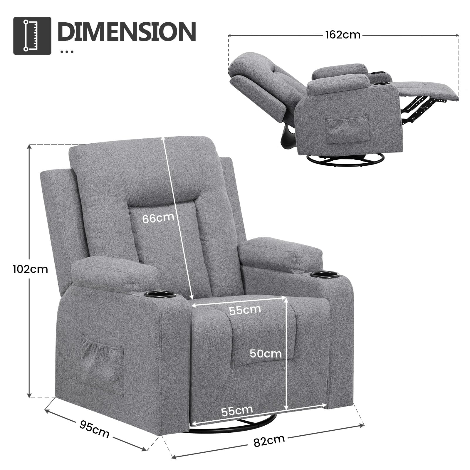 COMHOMA Relaxsessel aus Stoff für Wohnzimmer mit Manuell Verstellbarer Rückenlehne, Ausziehbarer Fußstütze, 360° Drehfunktion, Becherhaltern, Seitentaschen und Ergonomischem Design, Dunkelgrau