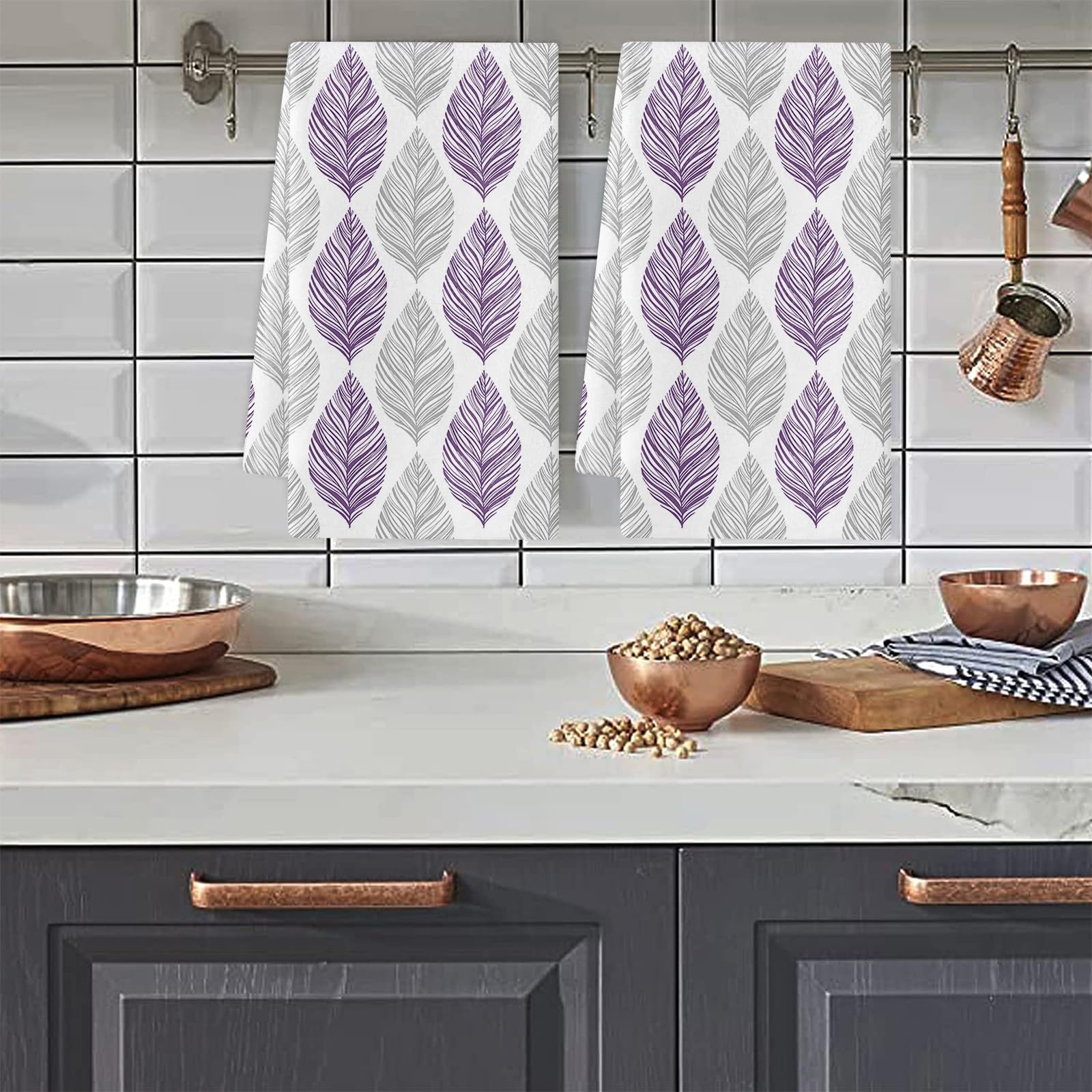 Trapos Cocina Hojas Grises Moradas Paños de Cocina Suaves y Absorbentes Paños Cocina Reutilizables Trapos de Cocina para Secar Toallas Lavable Toallas de Barra 2 Piezas (44x74 cm)