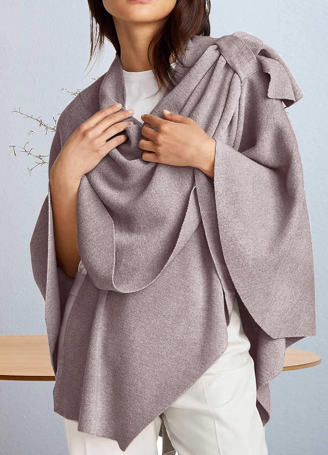 PULI Womens Large Cross Front Poncho Sweater Wrap Topper Knitted Elegant Shawls Cape for Fall Winter 1-oatmeal