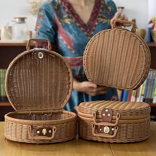 Miniatura 8 de MSUIINT Cesta para maleta de ratán de 7.9 x 5.7 pulgadas, contenedores de almacenamiento de mimbre redondos vintage con asa, bolsa de picnic de