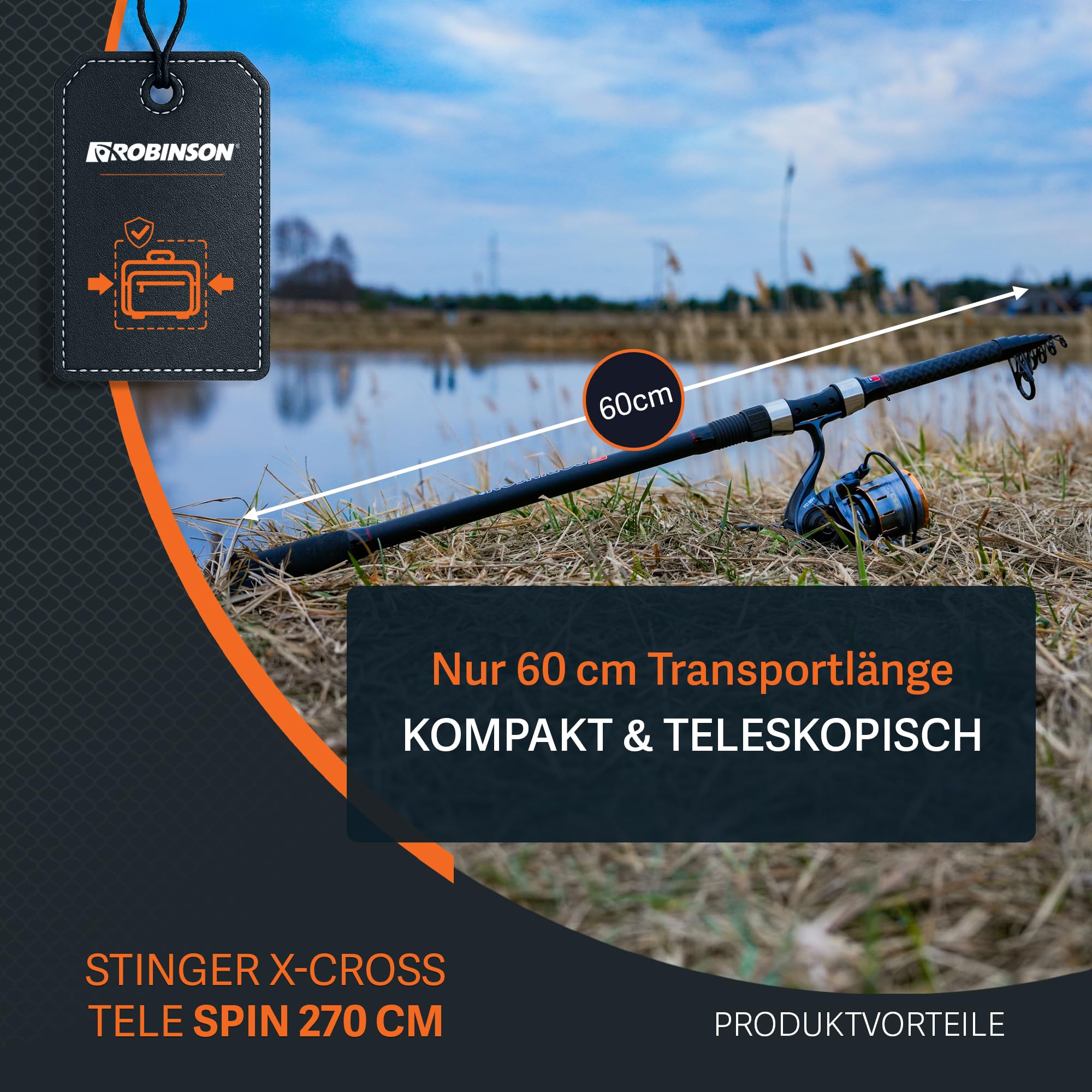 Robinson Angelrute - Teleskoprute Karbon - Kompaktes Transportmaß - Robuste Ringe - Rutschfester Rollenhalter - Leicht und widerstandsfähig - Stinger X-Cross Tele