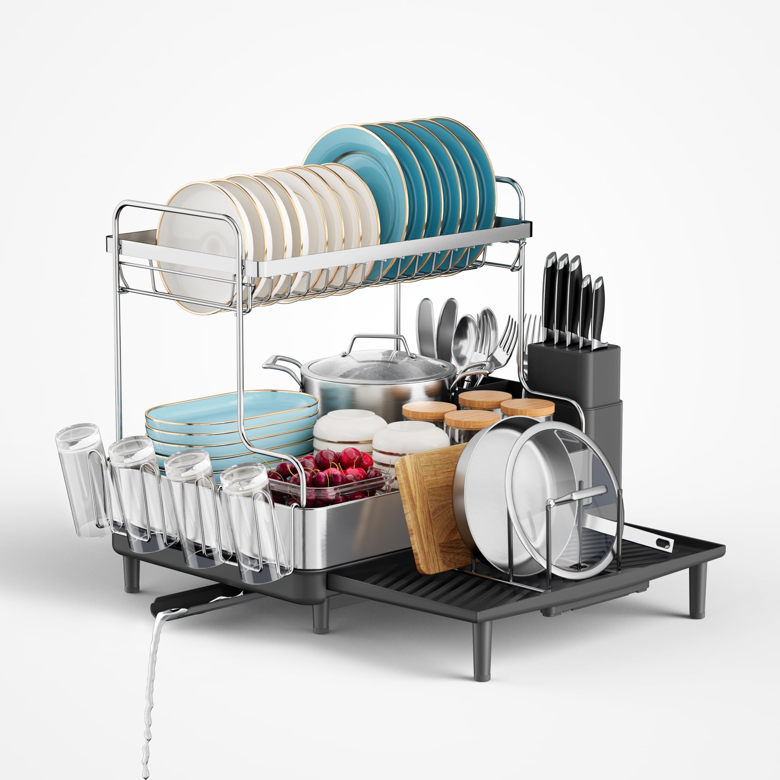 SUNLY 2 Tier Dish Drying Rack, Extra Large Dish Rack, Expandable Dish Racks for Kitchen Counter, Multifunctional Large Dish Drainers for Kitchen Counter, 2 Tier Black