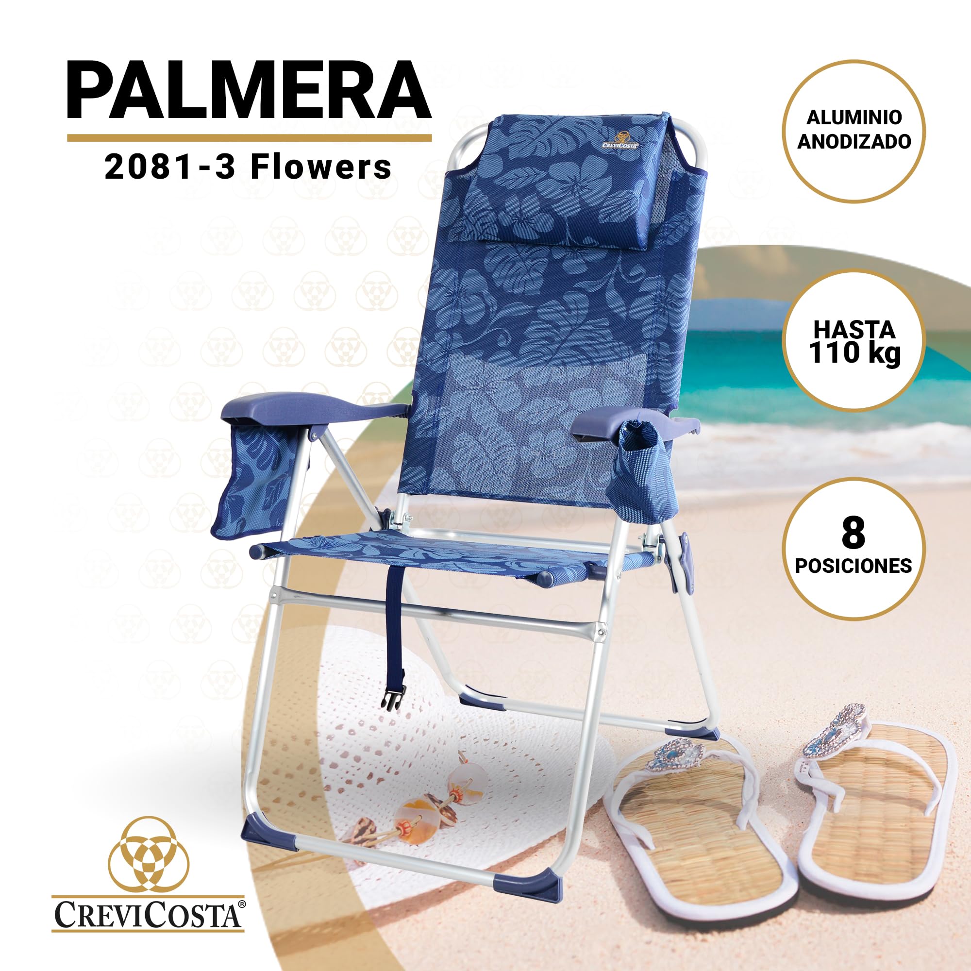 CREVICOSTA QUALITY MARK MARCAS DE CALIDAD Palmera 2081-3. Chaise de Plage Pliable avec accoudoirs et 8 Positions. Portable par sa Pratique Sac-Sac à Dos (Flowers)