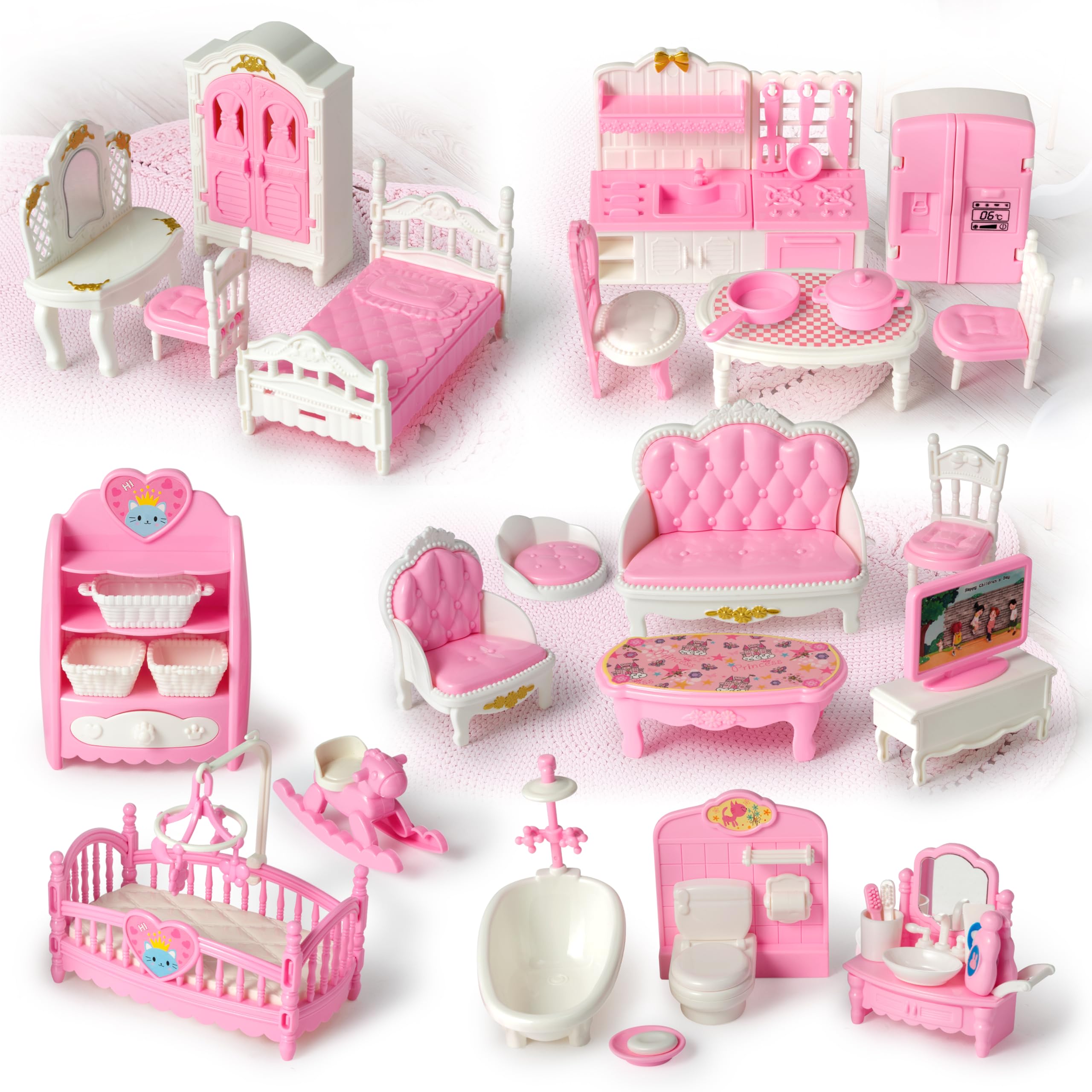 PANTIDE 38Pcs Dollhouse Furniture Set - Miniature Pink Play-set with Bedroom Kitchen Bathroom Nursery Role Play Toys for Girls Plastics Dolls House Accessories Great for Birthdays