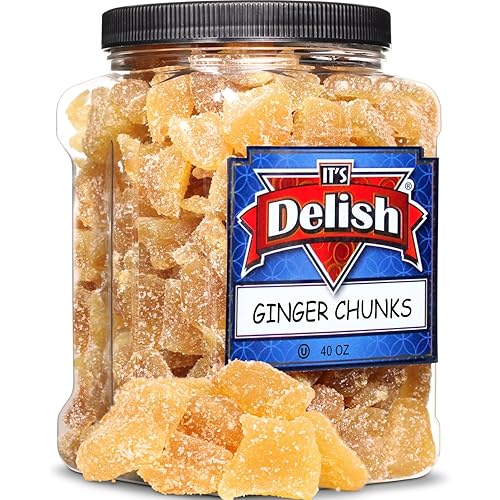 Its Delish - Trozos de jengibre Crystallized Jumbo, recipiente reutilizable de 2.5 libras Caramelos naturales masticables de jengibre seco