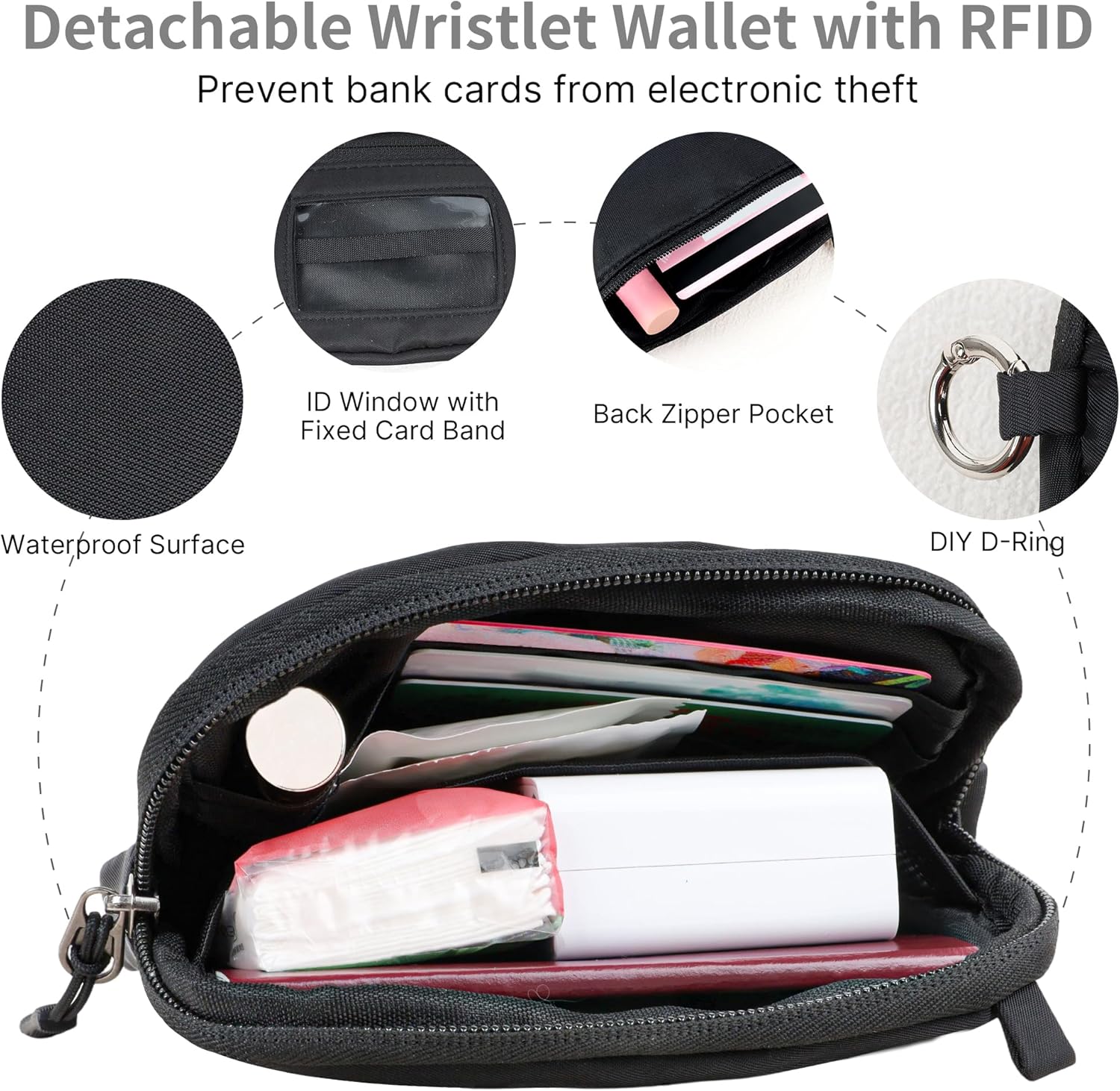 FUVLIFE Clip and Go Phone Strap Crossbody with RFID Wallet, Cell Phone Lanyard for Women, Detachable Wristlet Wallet with ID Window and Zip (Black) - Image 8