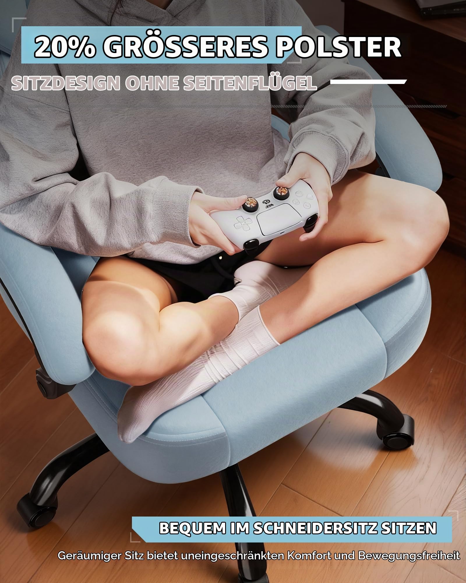 LUCKRACER Gaming Stuhl Stoff, Bürostuhl mit verbundenen Armlehnen, Memory-Schaum-Kissen, 90–155° Neigungswinkel und Fußstütze, strapazierfähigem Funktionsgewebe, blau