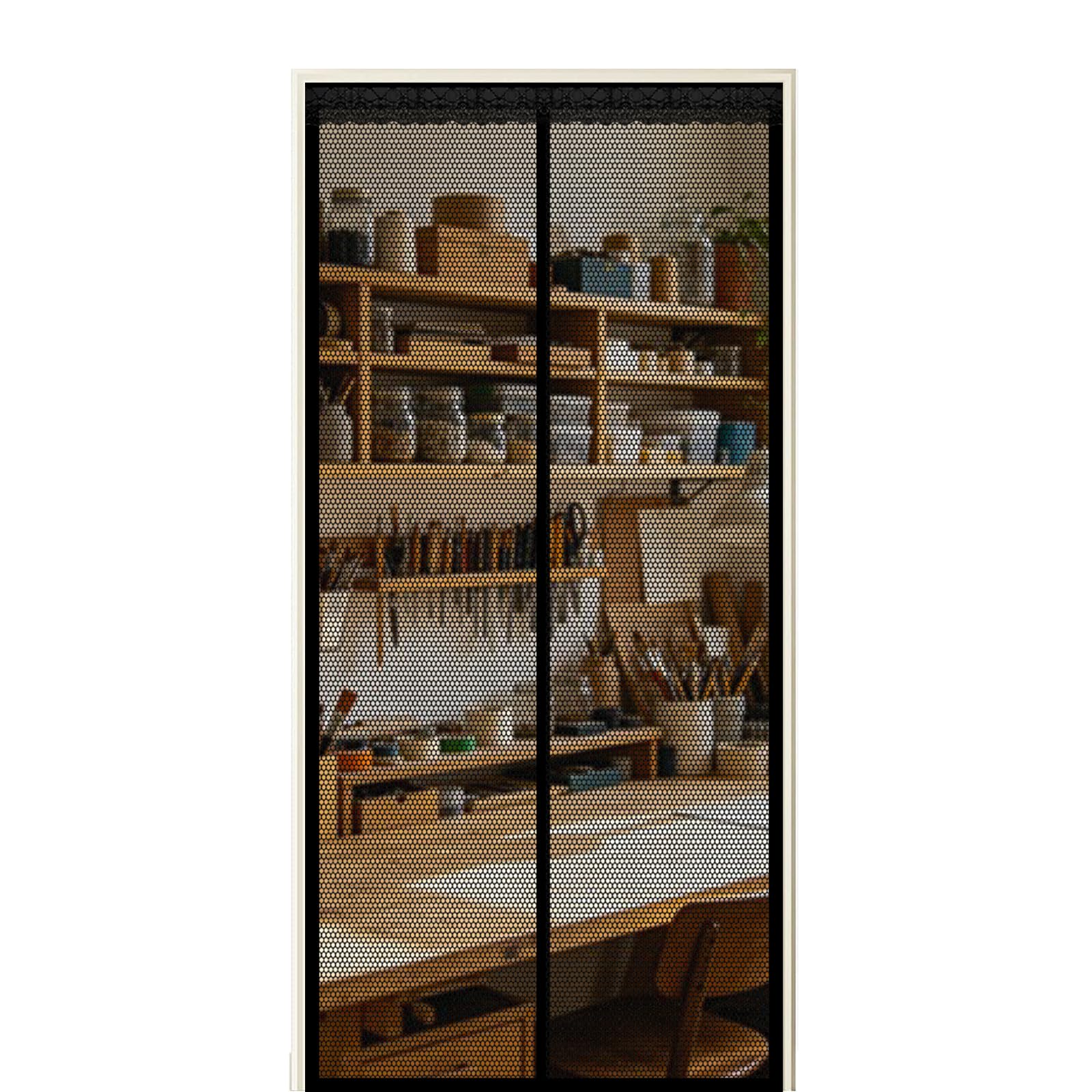 Screen Door 155 x 260 cm Self Sealing Powerful Magnets Magnetic Fly Screen Curtain with Powerful Magnets & Full Frame Magic Tape Suitable for Patio Doors Balcony Bedroom, Black
