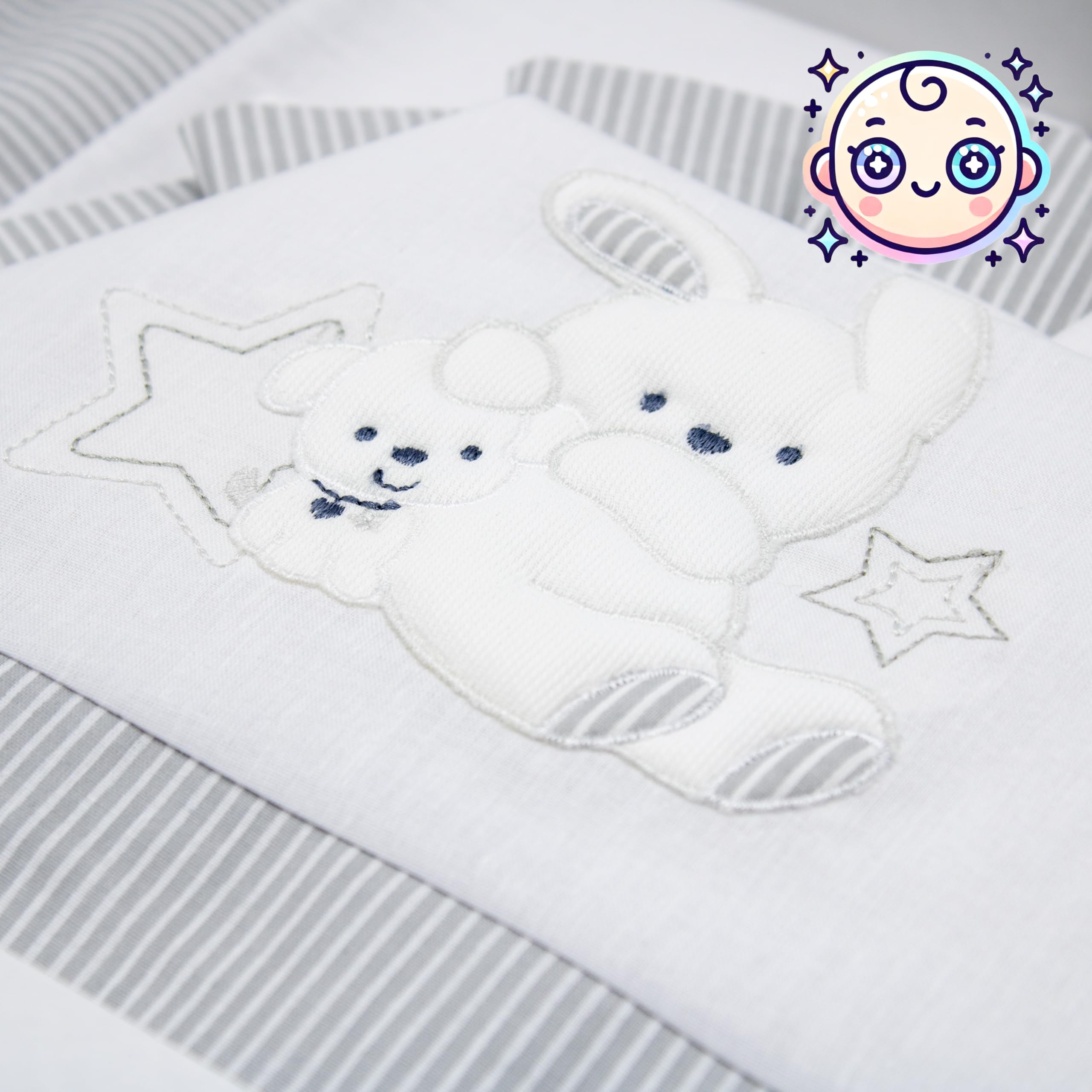 PASTELLO - Juego de cama para cuna de 3 piezas, 100% algodón para recién nacidos, juego completo de sábanas con bordado (Art. LL1F, PERLA)