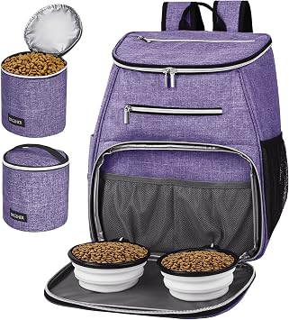 BAGLHERDog Travel Bag Backpack, Airline Approved Pet Supplies Backpack, Dog Travel Bag with 2 Silicone Collapsible Bowls and 2 Food Baskets Purple