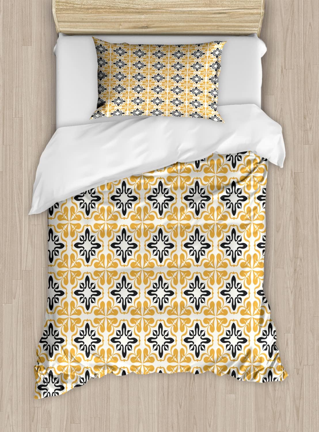 Ambesonne Mosaic Duvet Cover Sets, Traditional Moroccan Portugal Pottery Tile Effect Geometric Floral Motifs, Bedding Set with 2 Duvet Covers & 2 Pillowcases, 2 Pack Twin Size, White Apricot Black