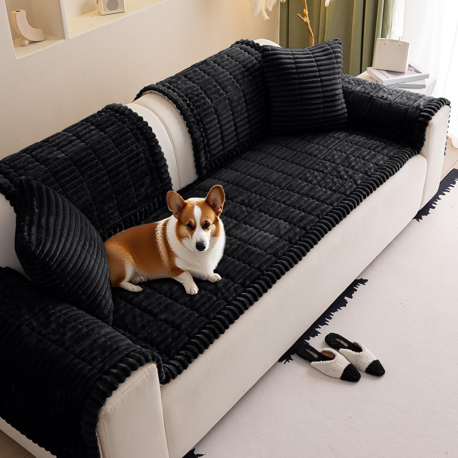 VFGFDJNDFX slumber paws sofa covers, Corduroy Sofa Cover 1 2 3 4 Seater, Non-Slip Plush Sectional Sofa Slipcovers, Pet Proof Furniture Protector (Serene Black,70 * 90cm)
