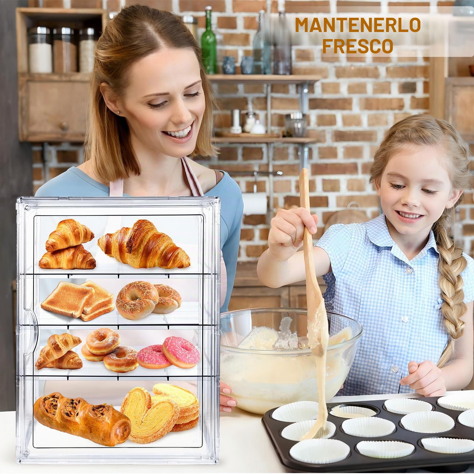 Espositore per pasticceria, contenitore per pane per piano di lavoro della cucina, vetrina per pasticceria, 4 strati, regolabile, trasparente, con porta magnetica, espositore per panetteria