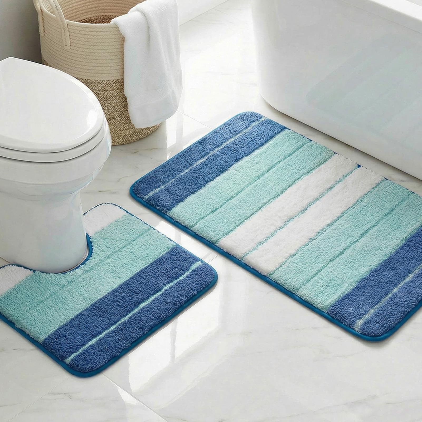 LUSCHEER 2 Piece Bath Mat Set, Extra Soft Absorbent Microfiber Non Slip Rug and Toilet Mat, Water Absorbent Machine Washable for Bathroom Floor (Blue, 80 x 50 cm + U Shaped 50 x 40 cm)