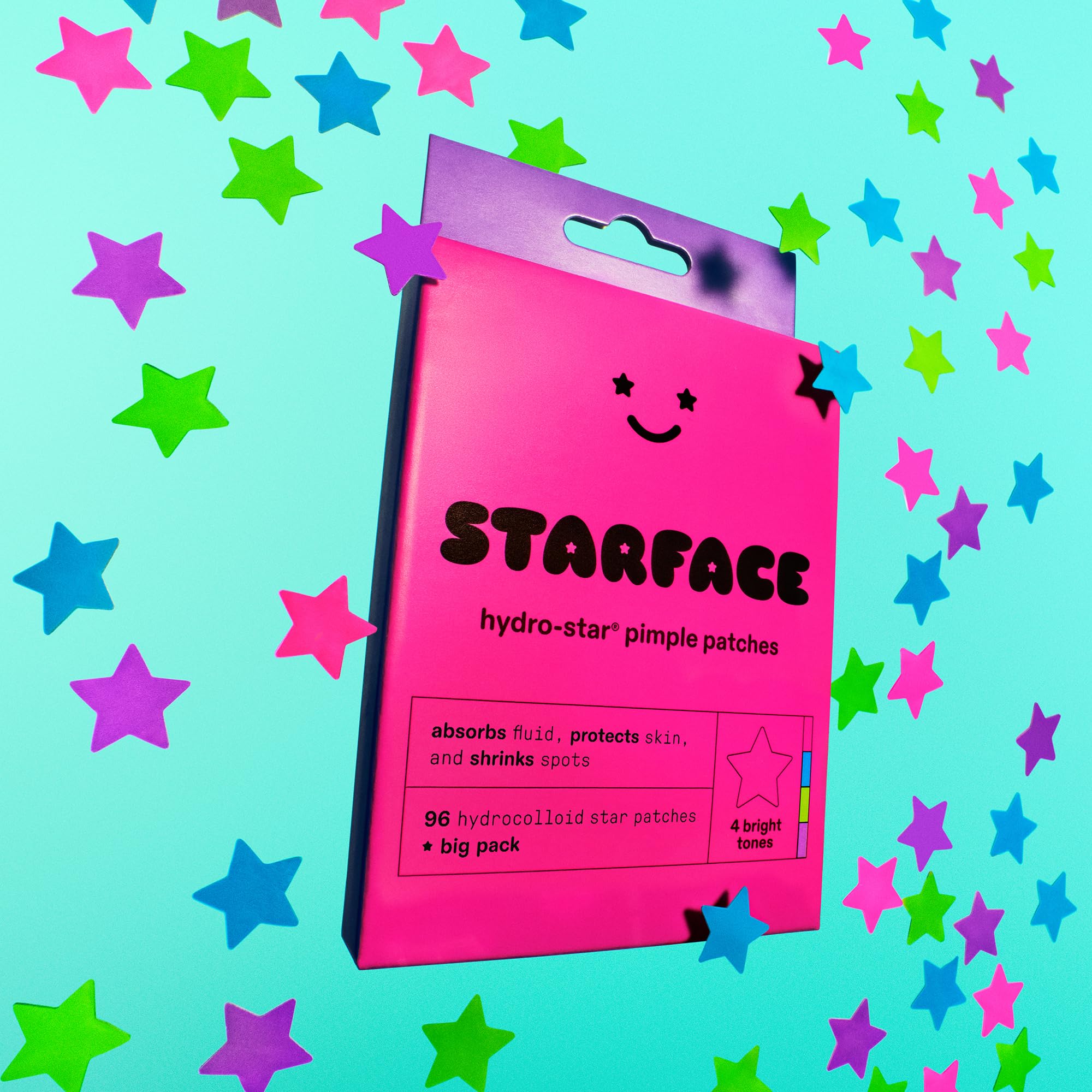 Starface Hydro-Star Party Pack Pimple Patches BIG PACK, Hydrocolloid, Clinically Proven Spot Shrinking in 6 Hours, Absorb Fluid, Reduce Redness, 4 Fun Colors, Vegan, Cruelty-Free Skincare (96 Count): 96 Count, Standard Colorful Hydrocolloid Stars