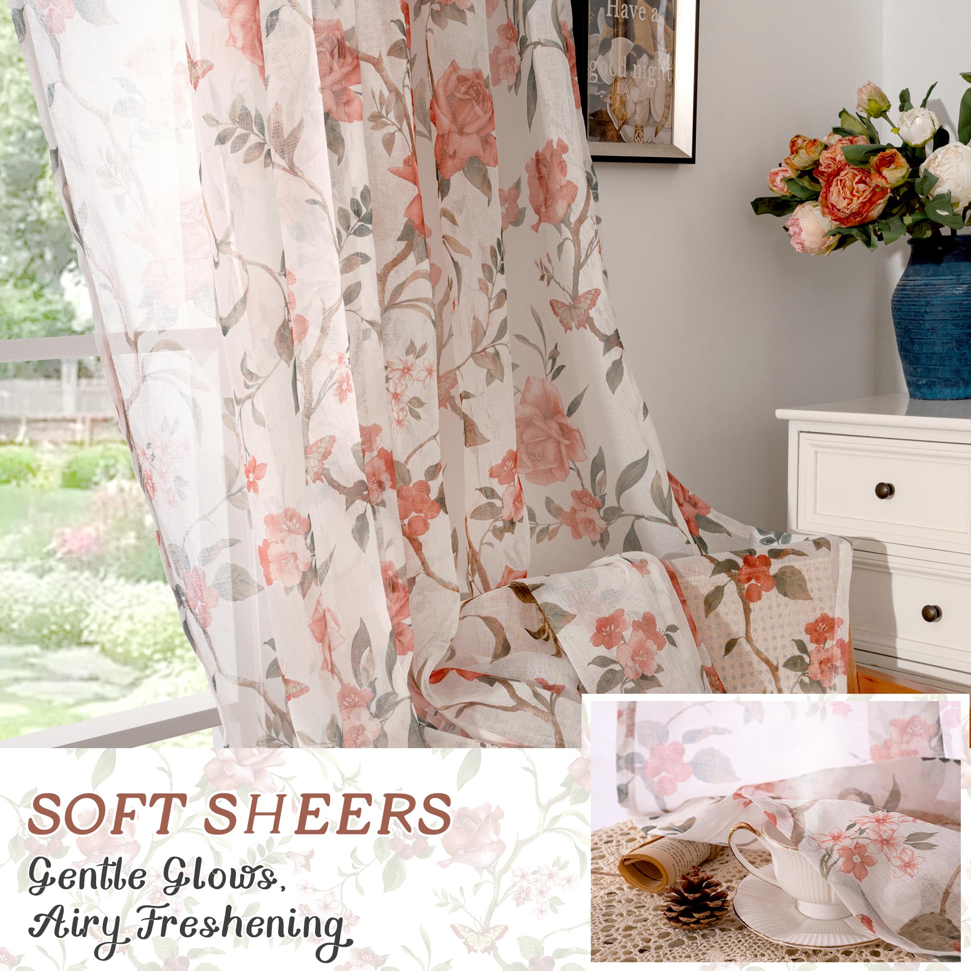 Lajode Lot de 2 Rideaux Transparents à Motif Floral, Lin Semi-Transparents 213,4 cm Passe-Tringle