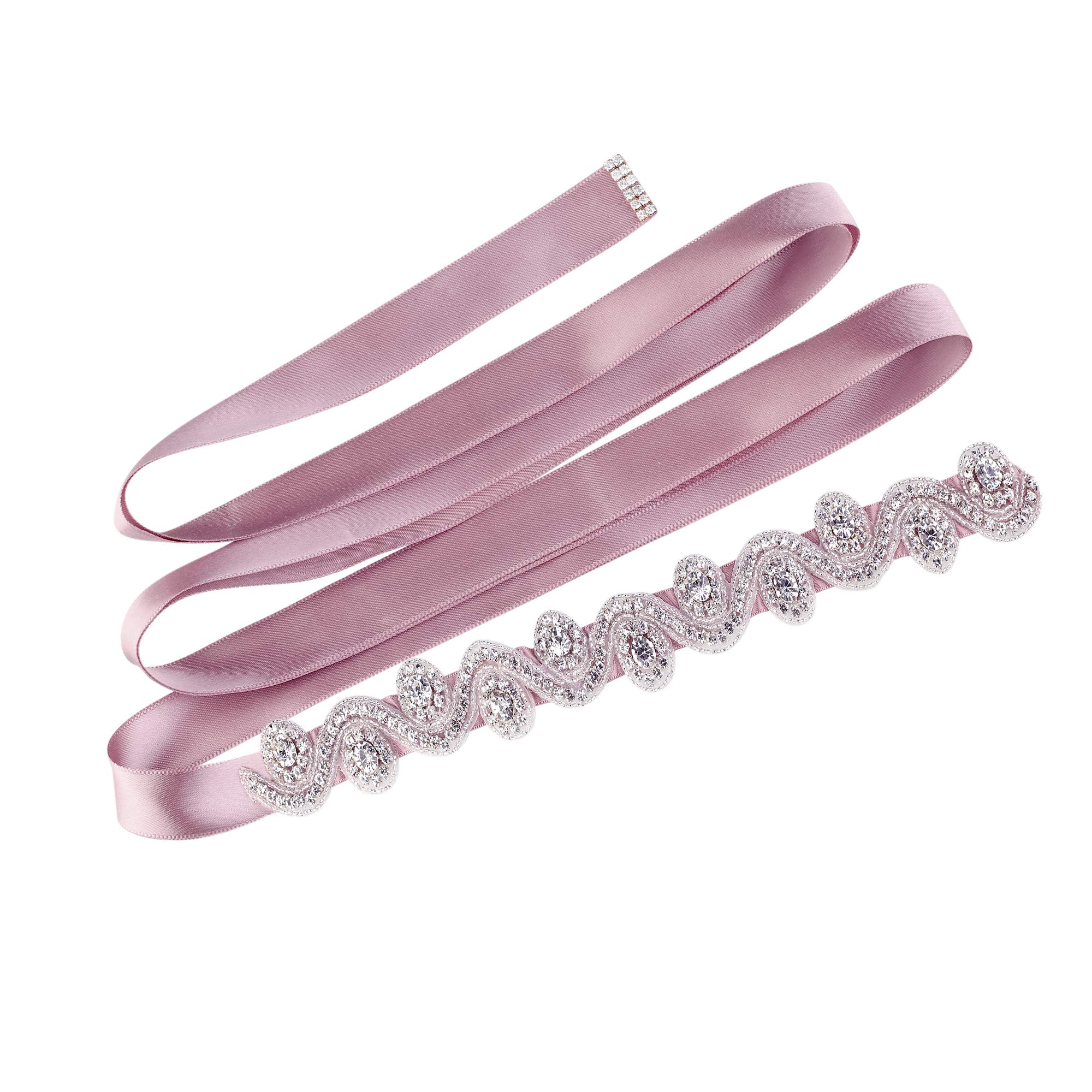 sourcing map Women Beaded Rhinestone Satin Ribbon Bridal Belt Pale Pink