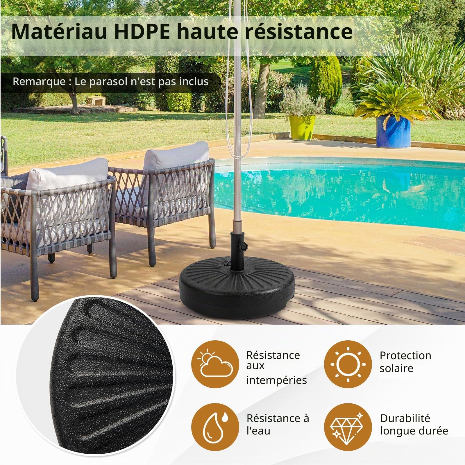 KOMFOTTEU Pied de Parasol, Remplir avec 18 L d'eau / 28 kg de Sable, Rond