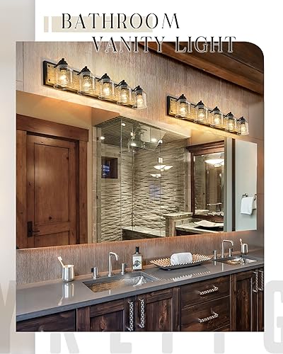 Miniatura 2 de YKLITG BD005-5-BK - Lámpara de tocador de baño de madera oscura de 5 luces con pantallas de vidrio sembrado, accesorios de iluminación sobre espejo,