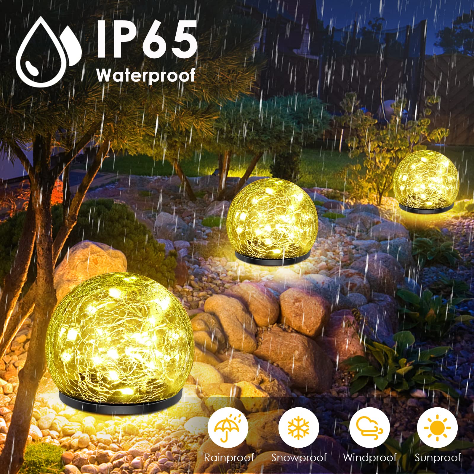 Confezione da 2 50 luci solari a LED da giardino, decorazione per esterni, in vetro incrinato, impermeabili, luce bianca calda, per cortile, sentiero, patio, prato, Halloween, Natale,