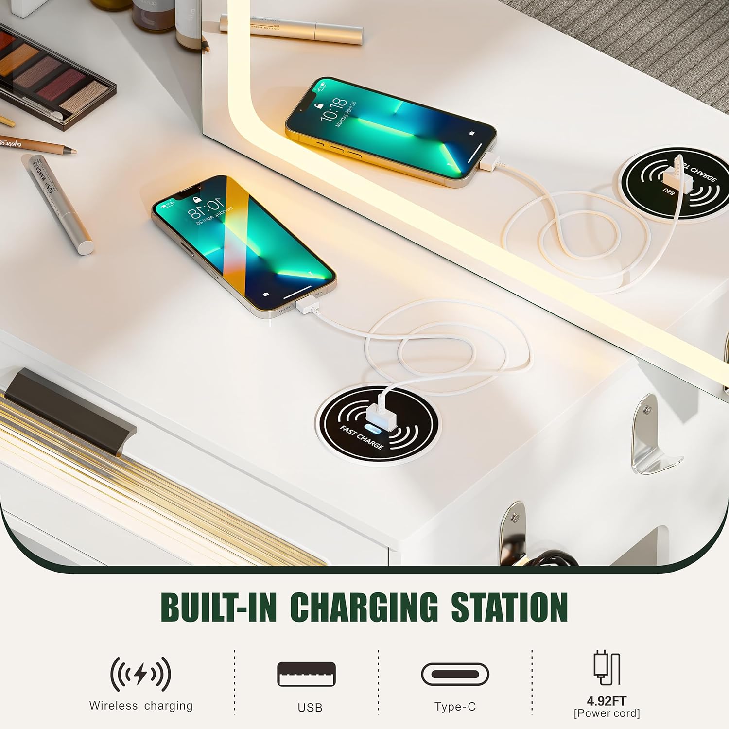 Vanity Desk with Mirror and Adjustable RGB Lights,Large 6 Drawers Makeup Table with Charging Station for Women and Girls, Bedroom or Dorm, White