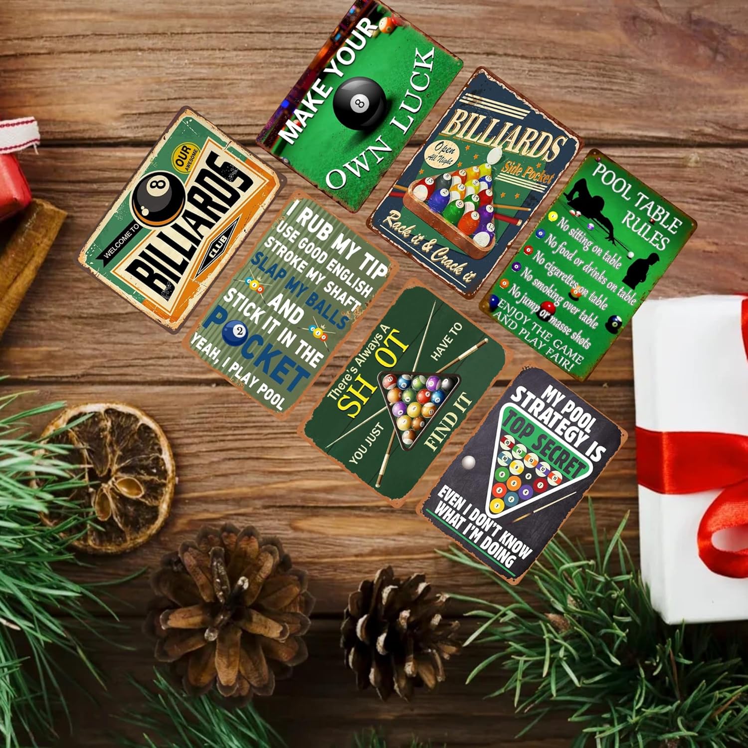 Funny Billiards Metal Tin Sign - Vintage Pool Table Accessories, Billiard Room Wall Art for Game Room & Man Cave Decor, Sports Bar Signs, Unique Gifts for Men 8 x 12 Inch（7pcs）