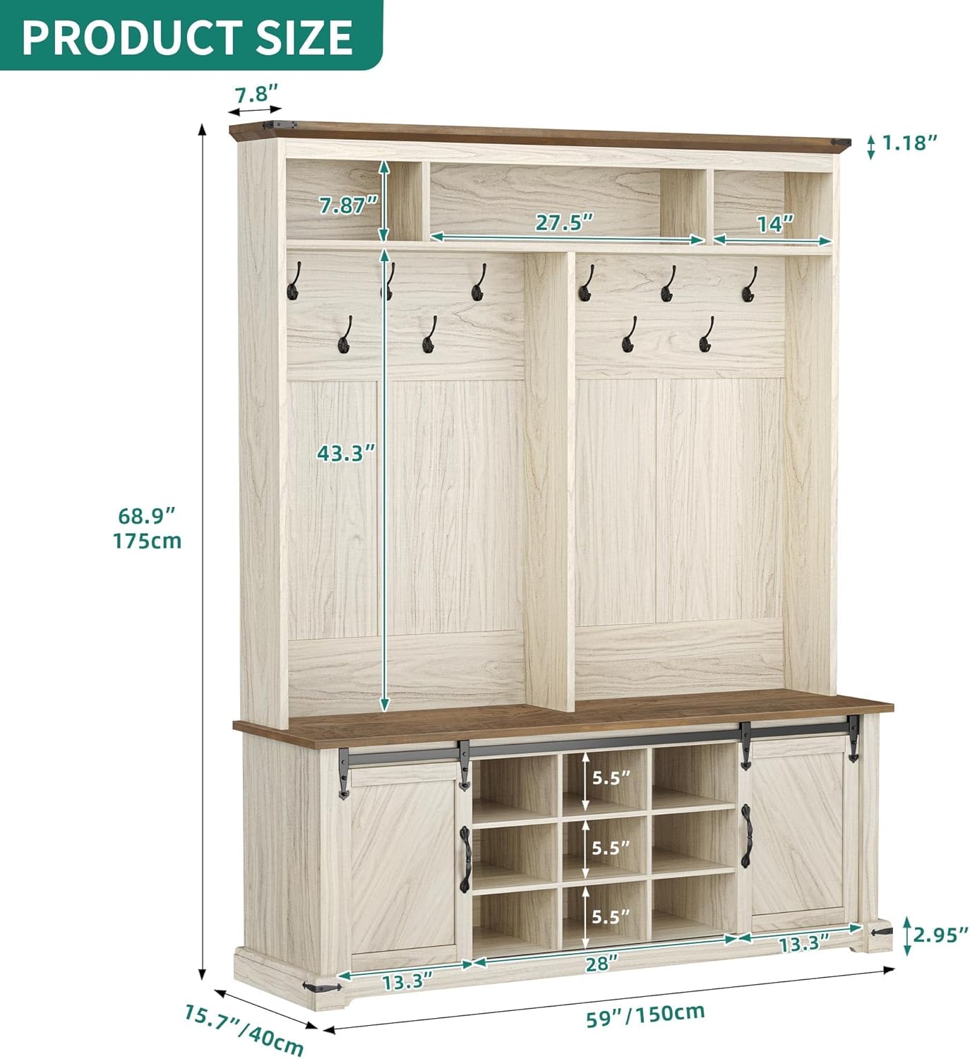 Close-up images of the 0.59 inch MDF board, 10 hanging hooks, anti-collision angle, and adjustable feet.