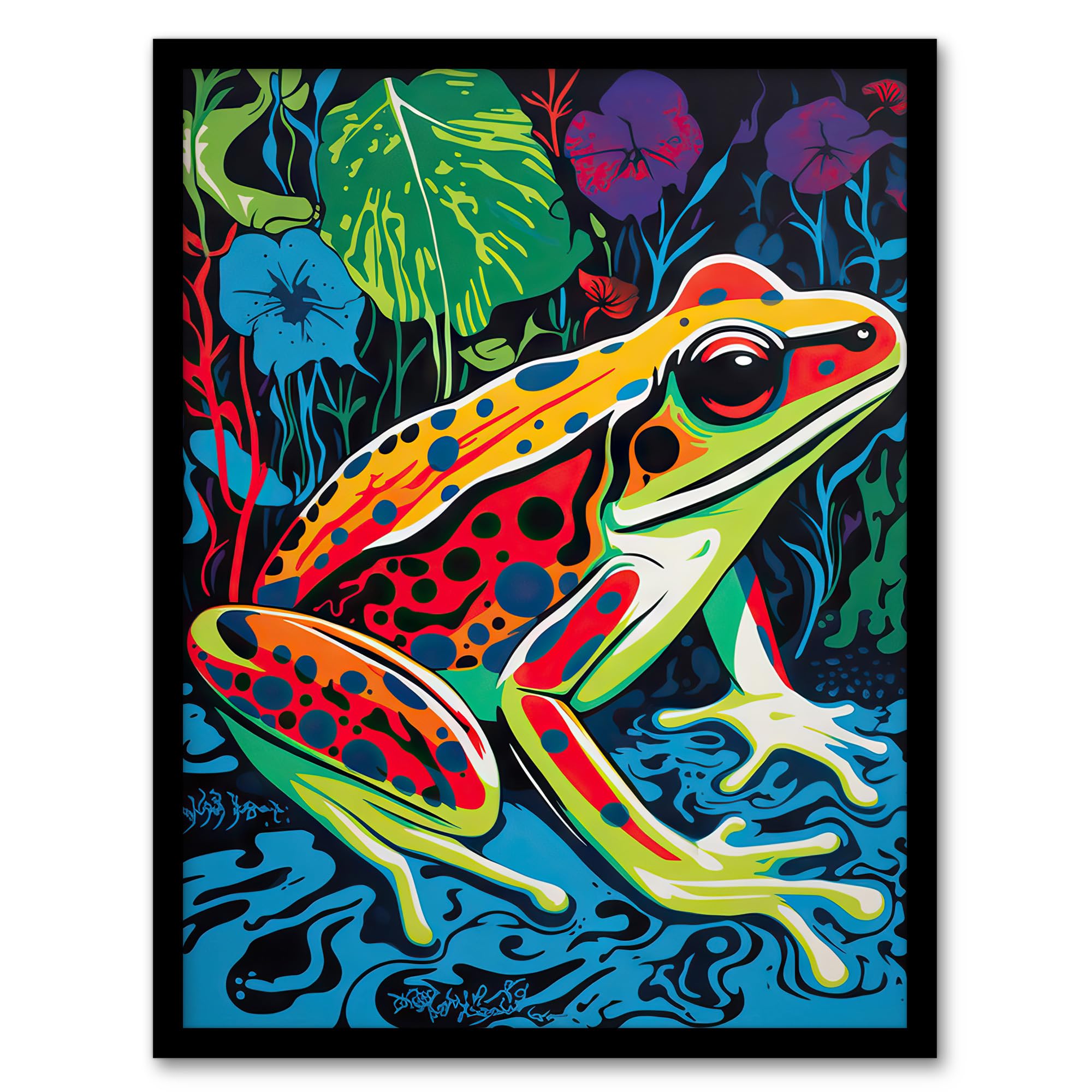 Frog In A Pond Wall Art Print - Vibrant Bathroom Painting - Animal Portrait - Bold Colours - Framed Print
