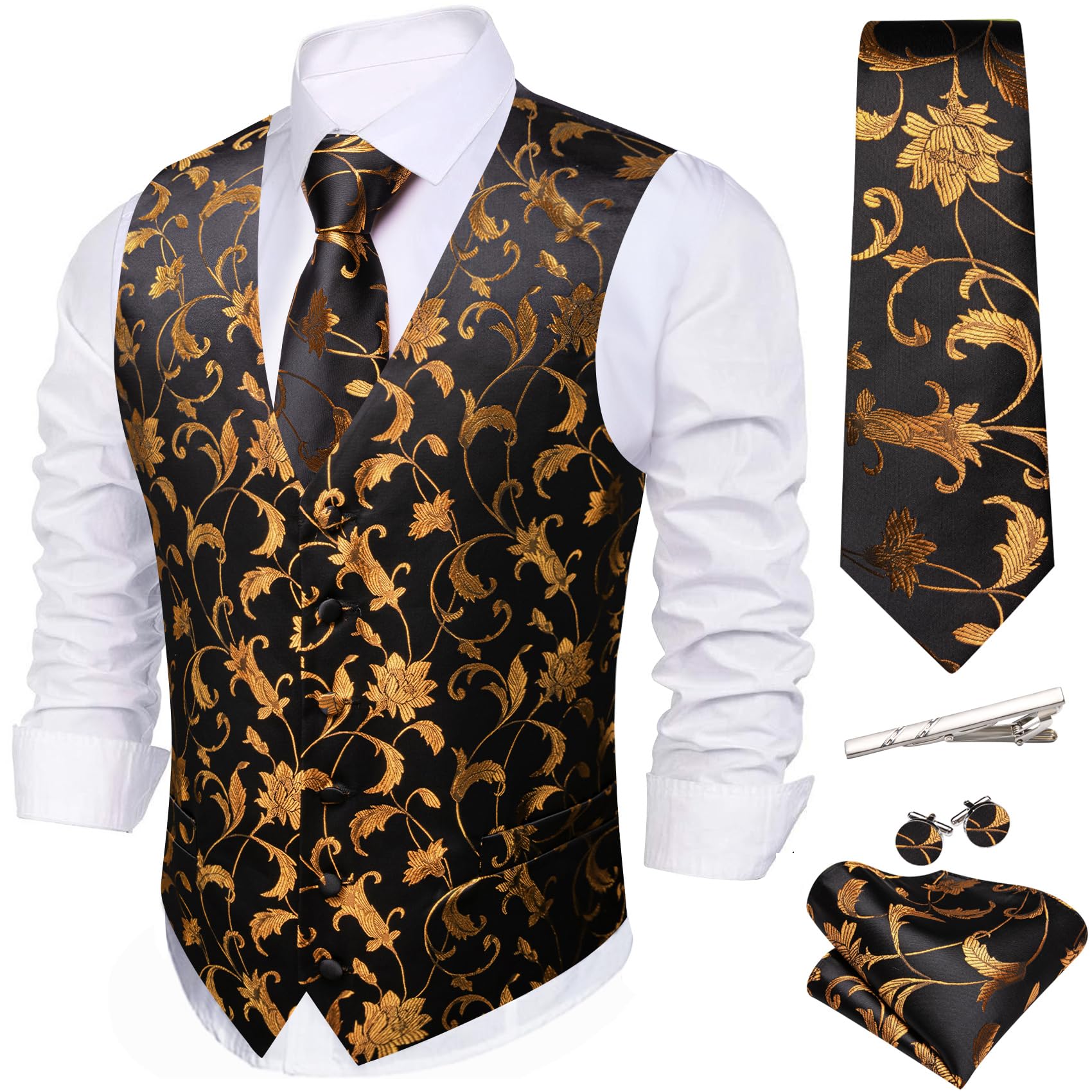 Barry.Wang Mens Suit Vest Floral Silk Waistcoat Ties Formal/Leisure 5PCS