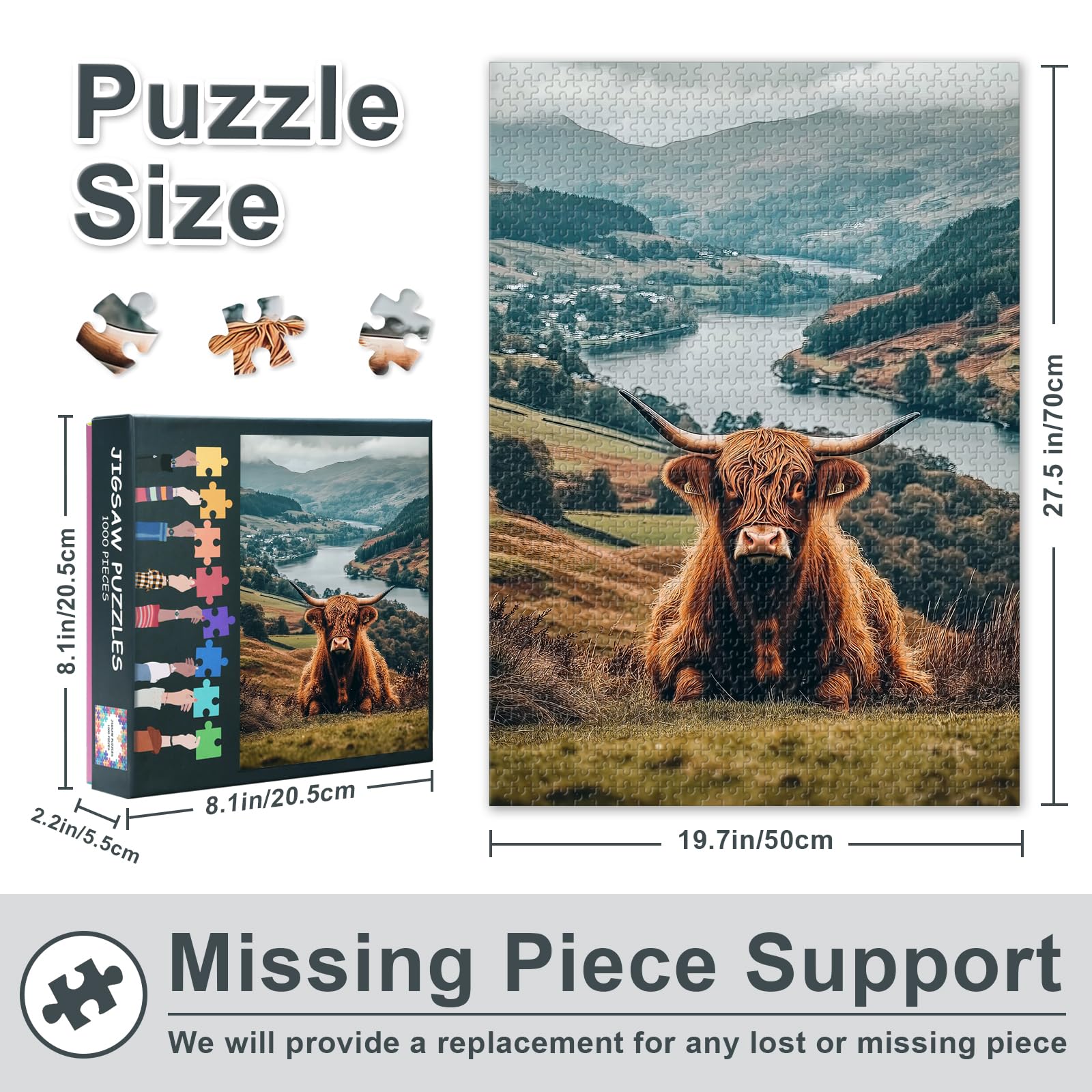 1000 Piece Highland Cow Jigsaw Puzzle Vibrant Countryside Landscape Rolling Hills Panorama Farm Animal Art Premium Paper Puzzle Nature Lover's Wall Decor Scottish Highlands Scene 27.5x19.7 Inches - Image 3