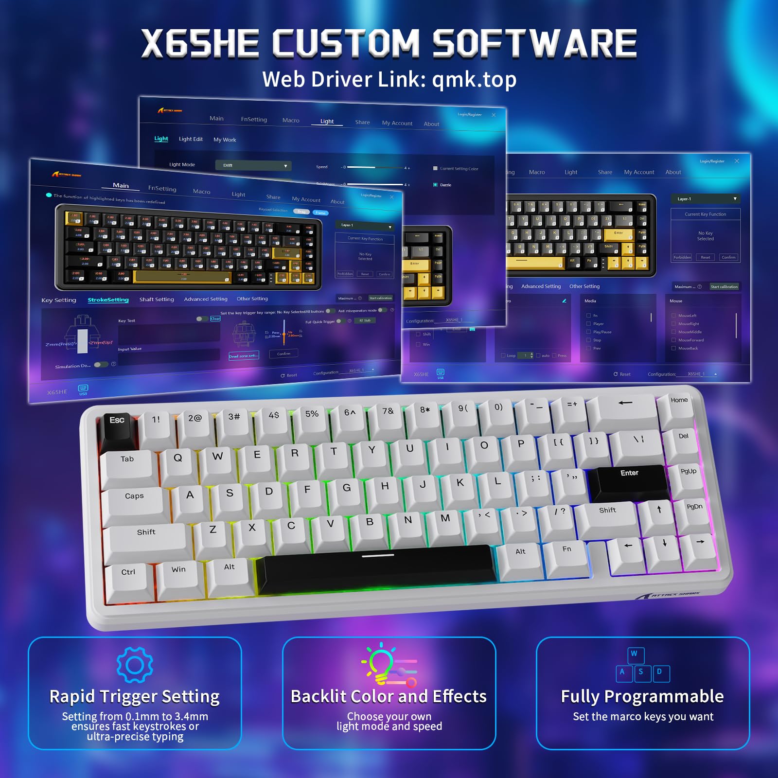 MAMBASNAKE x ATTACK SHARK Clavier Et Souris De Jeu Filaires, 59g Souris Sans Fil Superlight PAW3311, Mini Clavier Magnétique à Déclenchement Rapide 65% Avec Câble Spiralé 8Khz, QWERTY Pour PC -Blanc