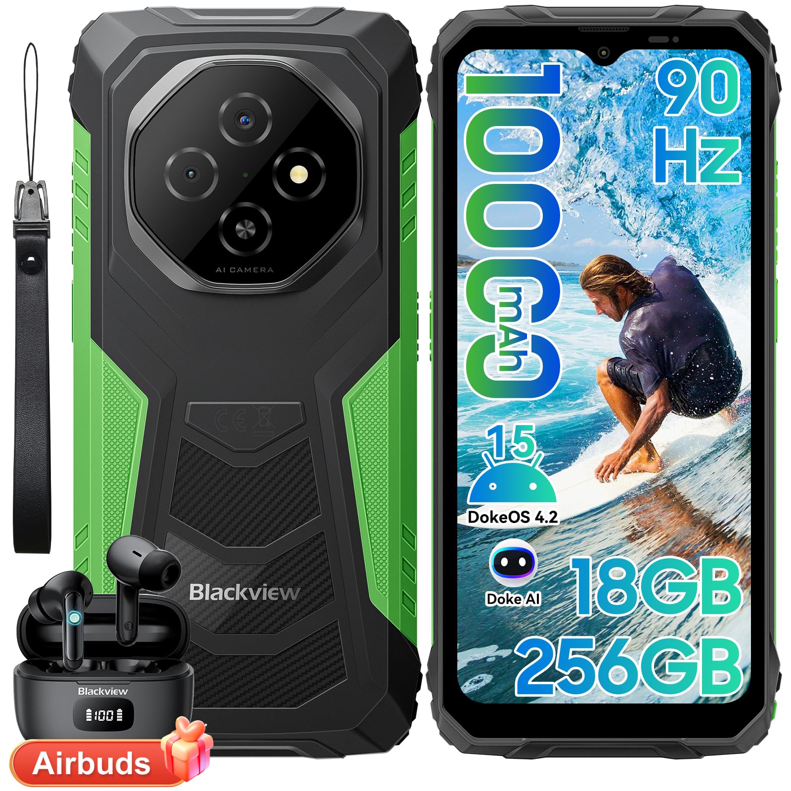 Blackview Fort 1 (18+256) Outdoor Handy Ohne Vertrag 10000mAh, Android 15 Outdoor Smartphone, 6.56" 90Hz Ultradünn baustellenhandy, IP69K Wasserdicht, NFC/GPS/Gemini AI/Fingerabdruck/Glove Mode