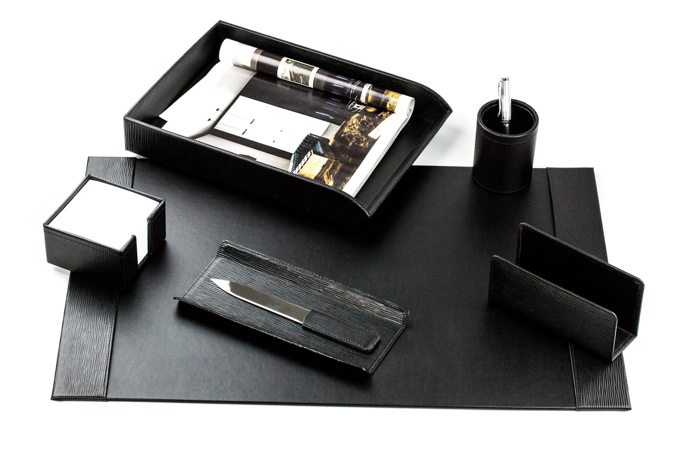 DELMON VARONE - Schreibtischset 7-teilig Manhattan Premium Leder Manhattan schwarz - Schreibtisch Büro Set Organisation mit Schreibtischunterlage, Federschale, Zettelkasten, Stifteköcher & Briefablage