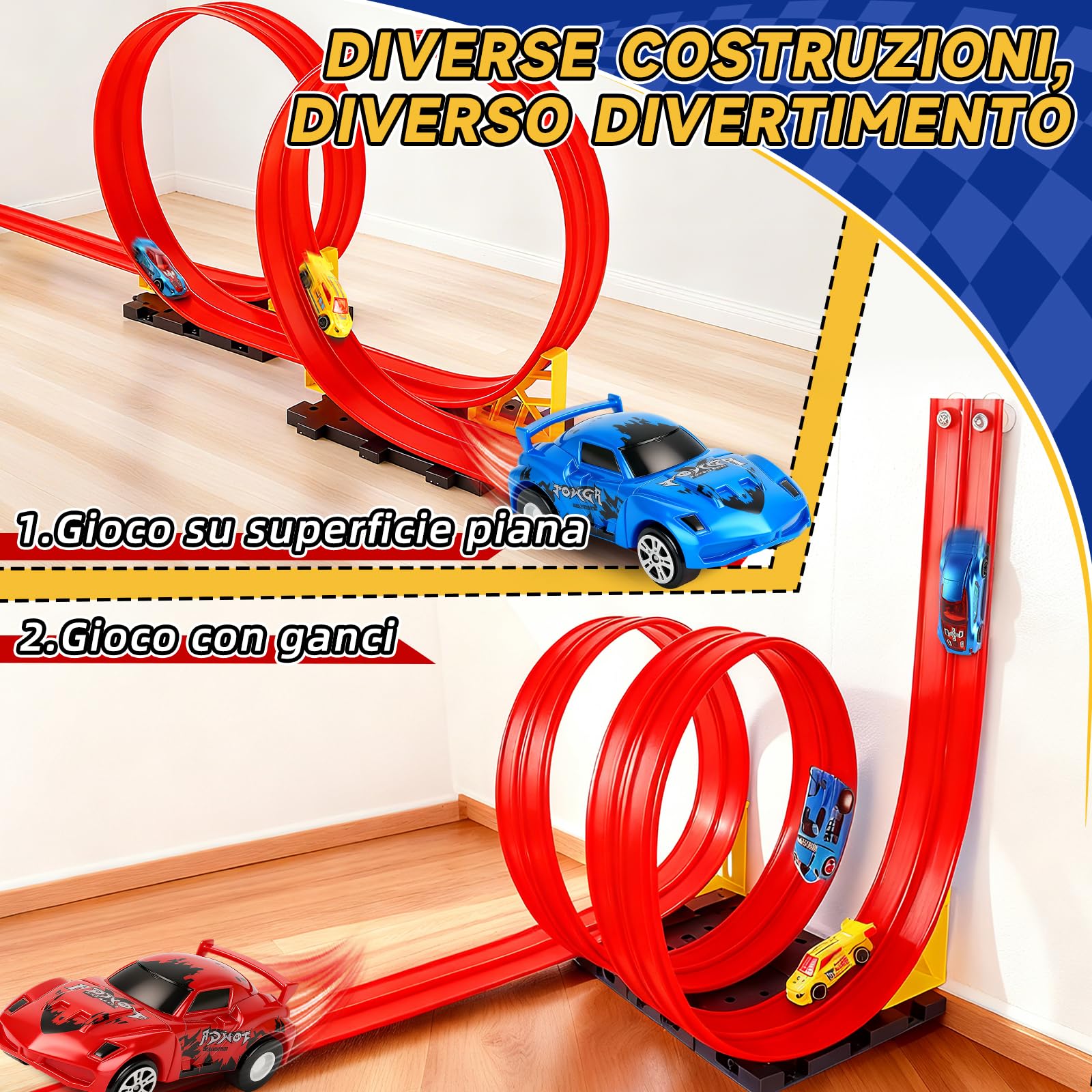 Charmofun Pista Macchinine Flessibile 5M, Giocattolo Piste da Corsa con 4 Auto, Borsa Stoccaggio, Circuito di Corse per Bambini con Rampa e Catapult, Portatile Pista per Bambini 3+ Anni (Rosso)