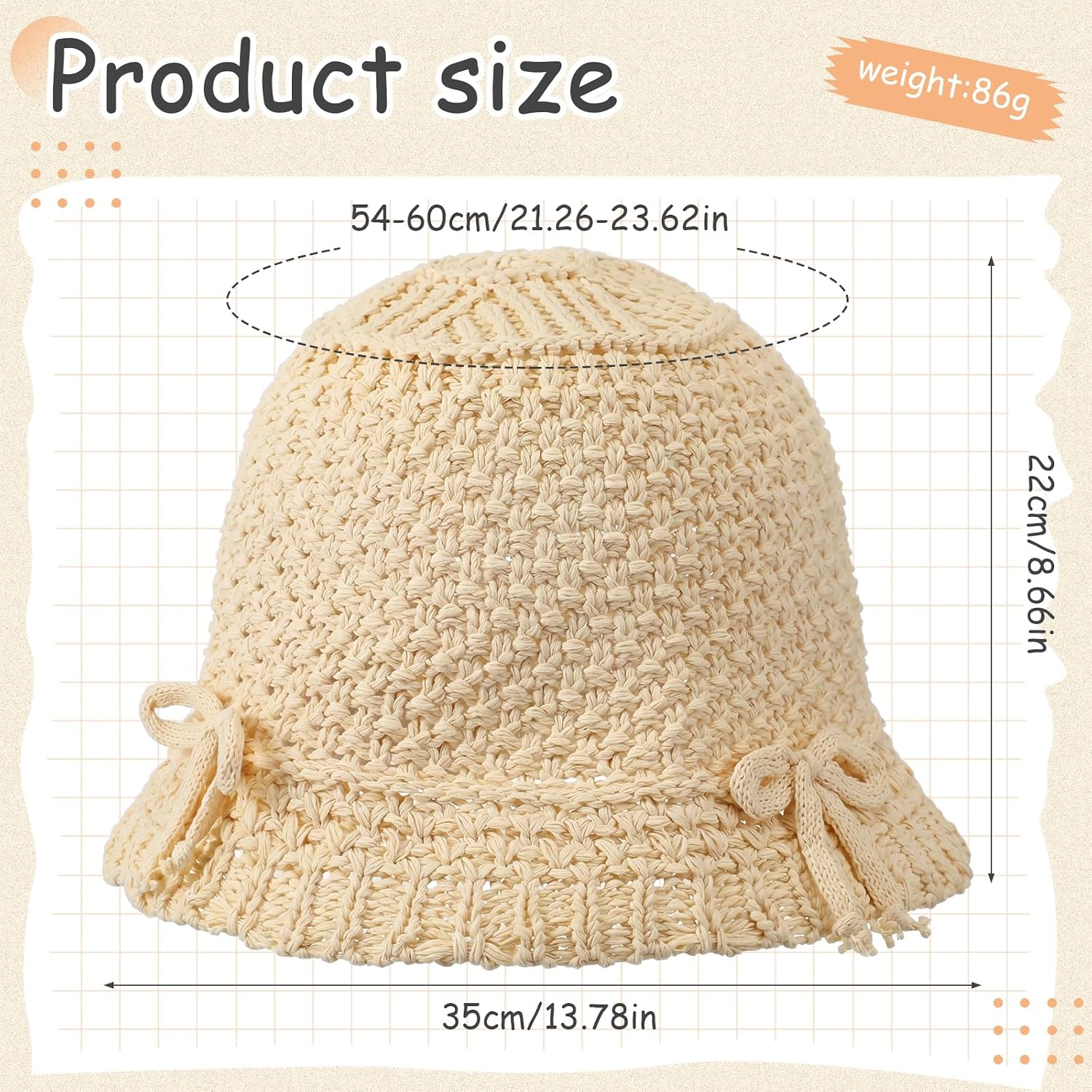 Bowknot Crochet Bucket Hat for Women, Summer Beach Sun Straw Hats for Women, Boho Knit Summer Outdoor Travel UV Protection Beige