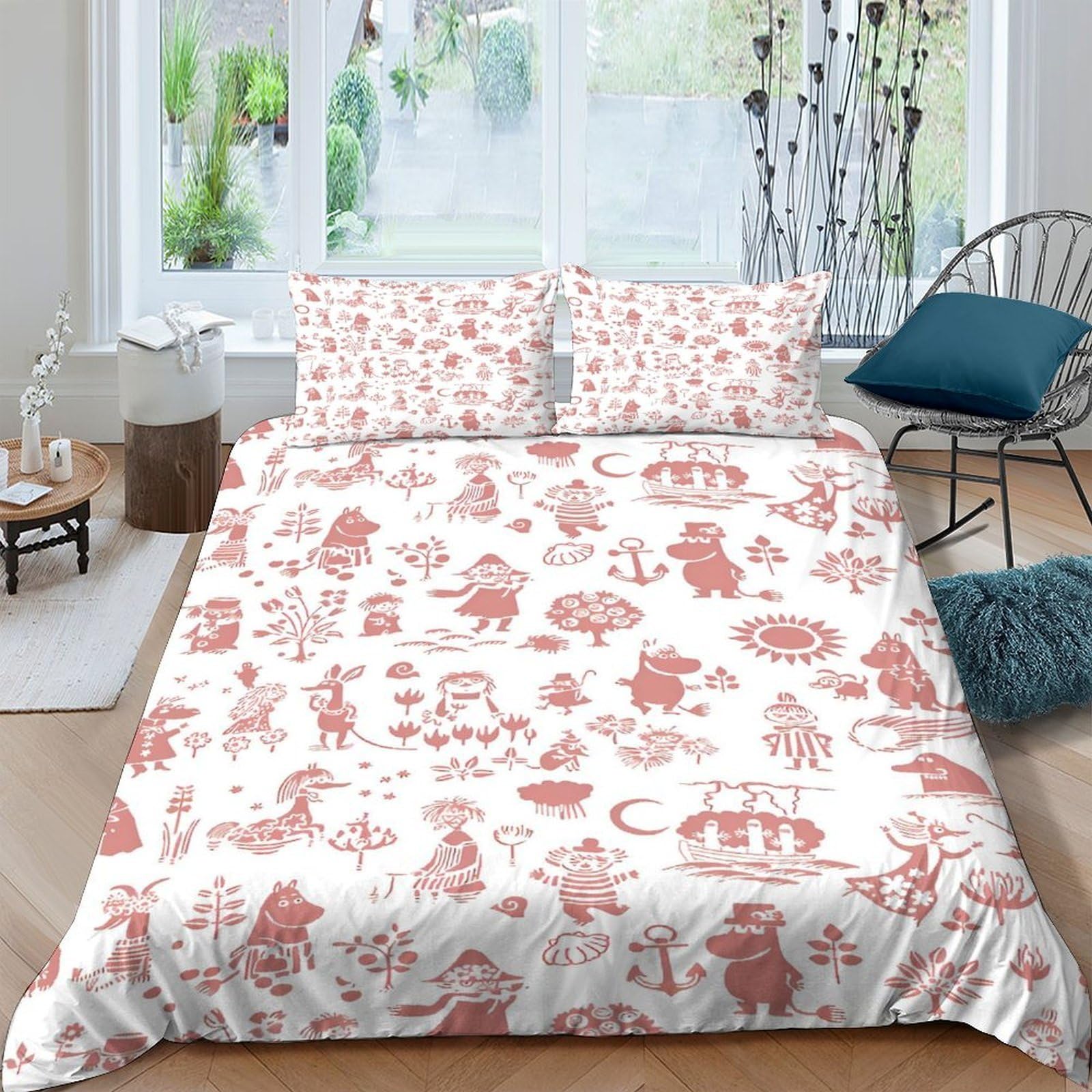 3D Print Soft Microfibre Moomin characters Bed Quilt Cover All Season Bedding Sets with Pillowcases Scandinavian cartoon Duvet Cover Easy Care Breathable Washable for Home Decor King（220x240cm）