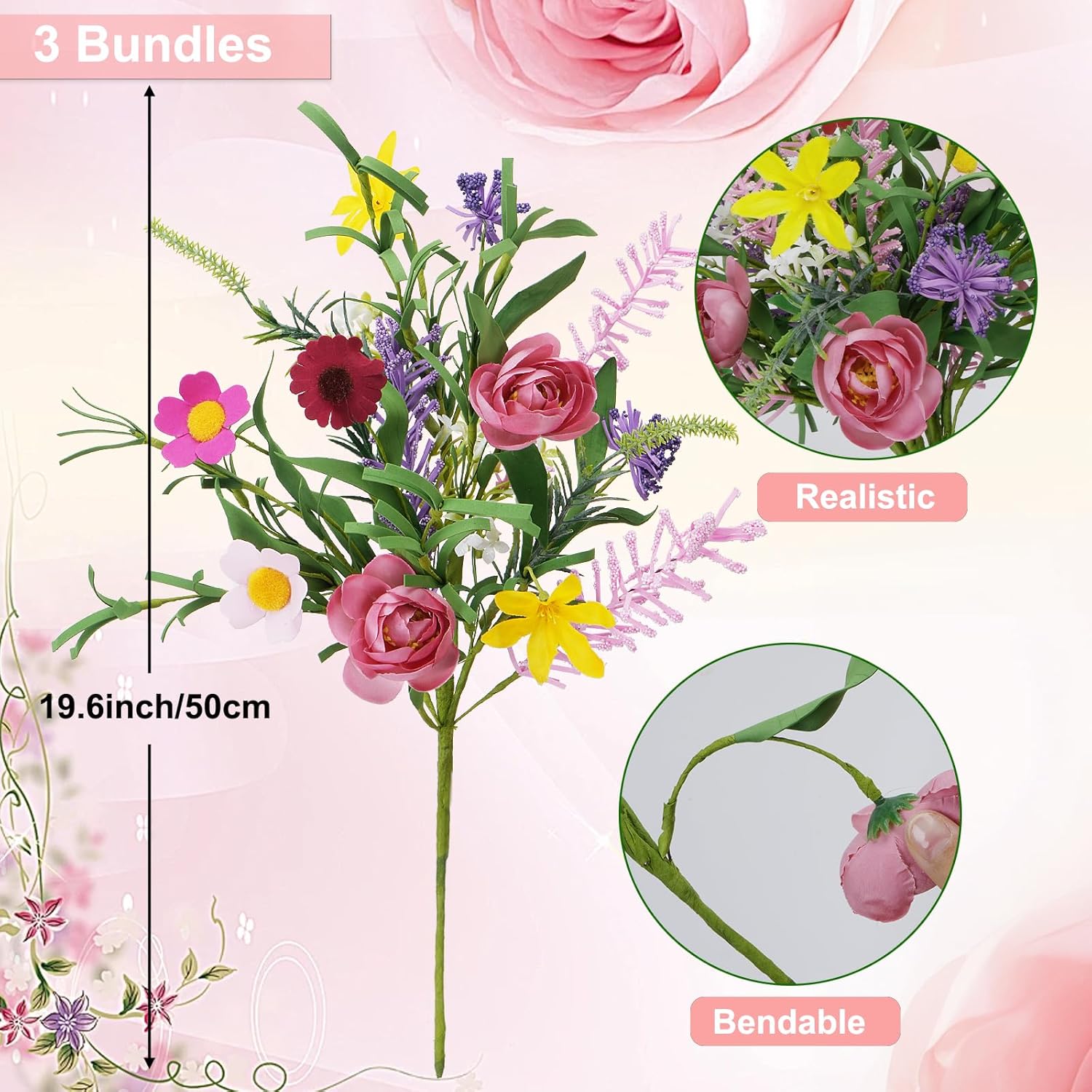 GTIDEA 3 Bundles Artificial Flowers for Decoration Faux Roses Bouquet with Daisies Fake Silk Floral Arrangement for Home Kitchen Table Vase Party Spring Wedding Decor Cemetery Flowers (19.6in)